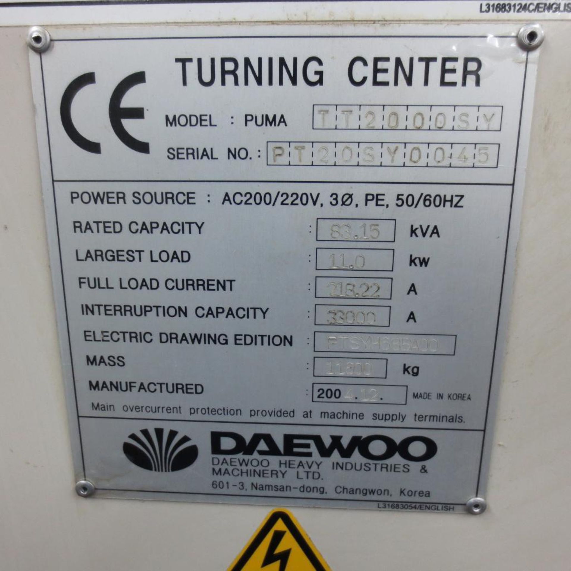 Daewoo Model Puma TT2000SY CNC Turning Center, S/N PT20SY0045 (2004) With Fanuc Series 18i-TB Contro - Image 11 of 11