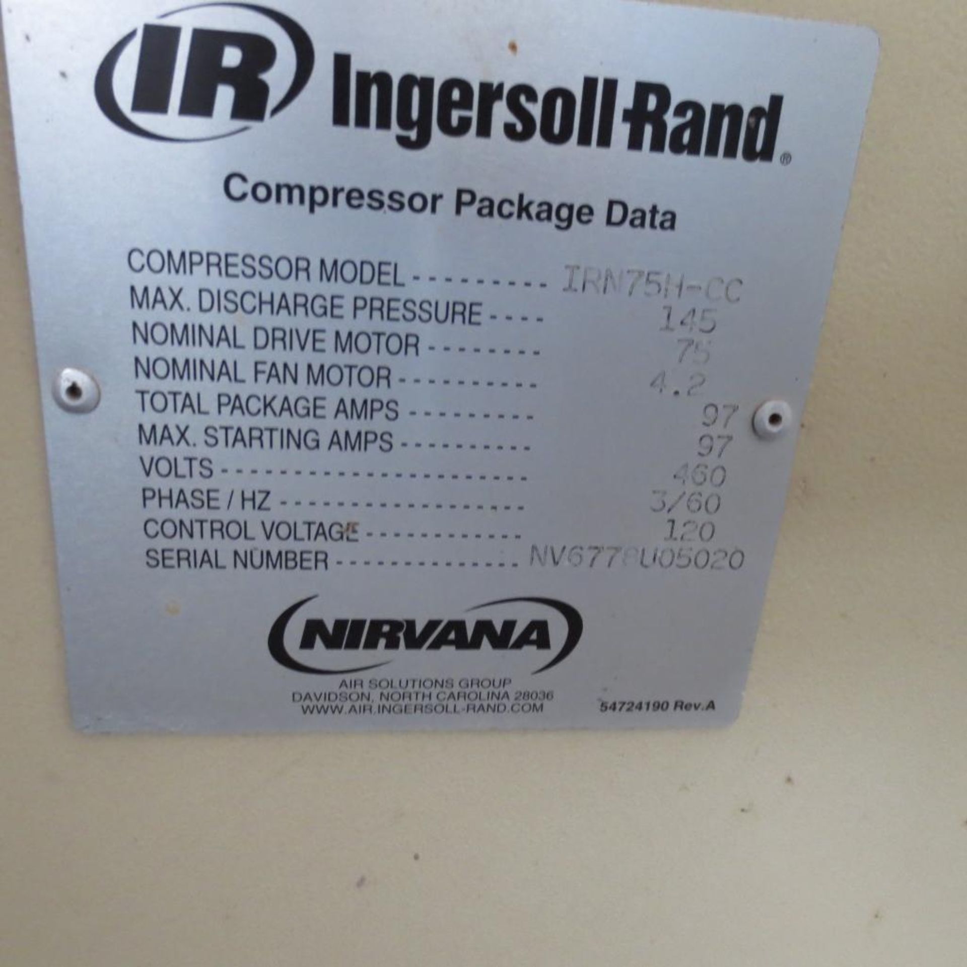 Ingersoll - Rand Model IRN75H-CC Rotary Screw Air Compressor, 75 HP, Year 2005, S/N NV6778U05020 - Image 2 of 5
