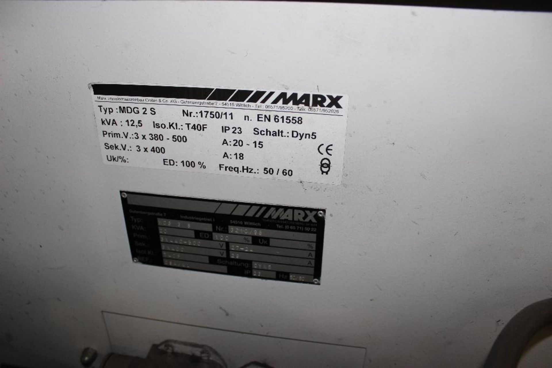 Marx transformer type MDG2S KVA 20 serial #3210/98 serial # 3210/98, Located at 1375 Peterson Indust - Image 2 of 2