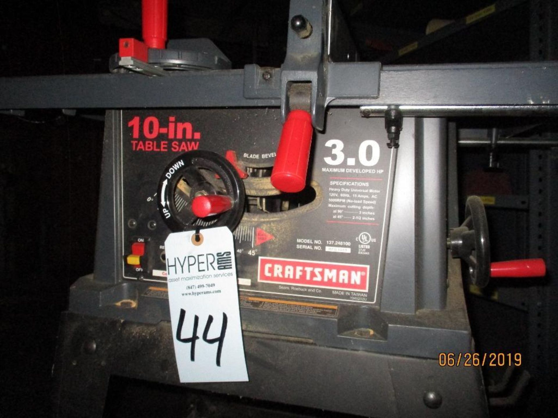 Craftsman 10" Table Saw M/N 137.248100 S/N RFS 1088, Located at 800 West Broadway St. Three Rivers, - Image 2 of 4