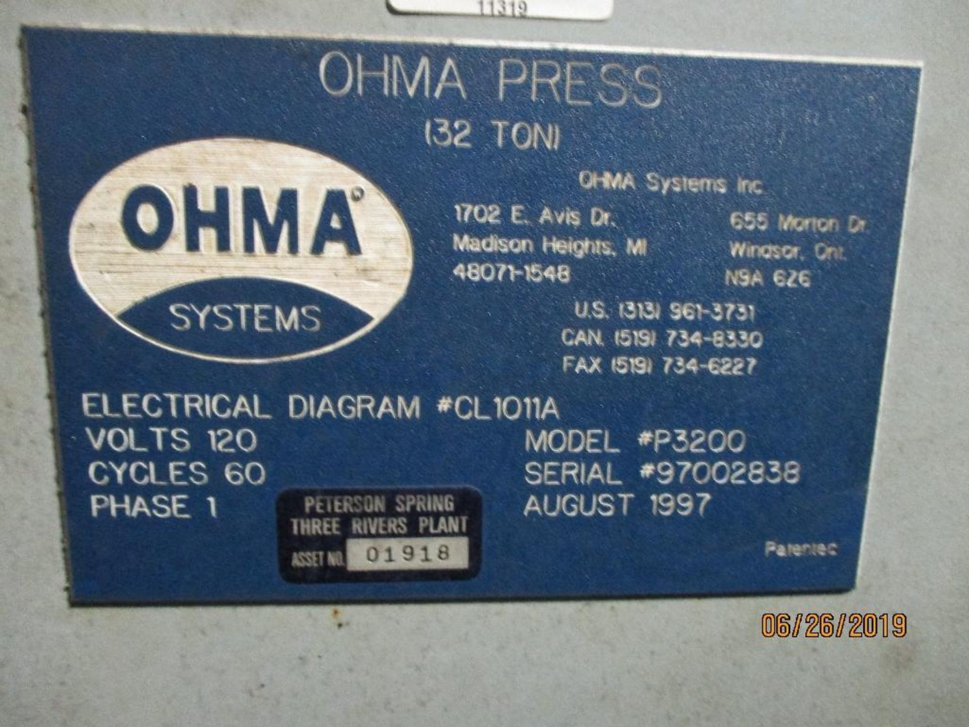 Ohma 32 Ton Press M/N P3200 S/N 97002838 Mfg. Date 1997 , Located at 800 West Broadway St. Three Riv - Image 5 of 5