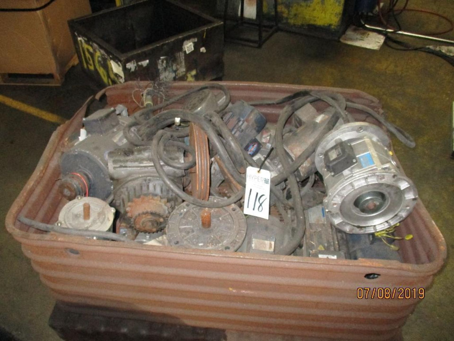 Metal Tote With Used Motors & Gears, Located at 600 Old Hull Rd. Athens, GA. 30622