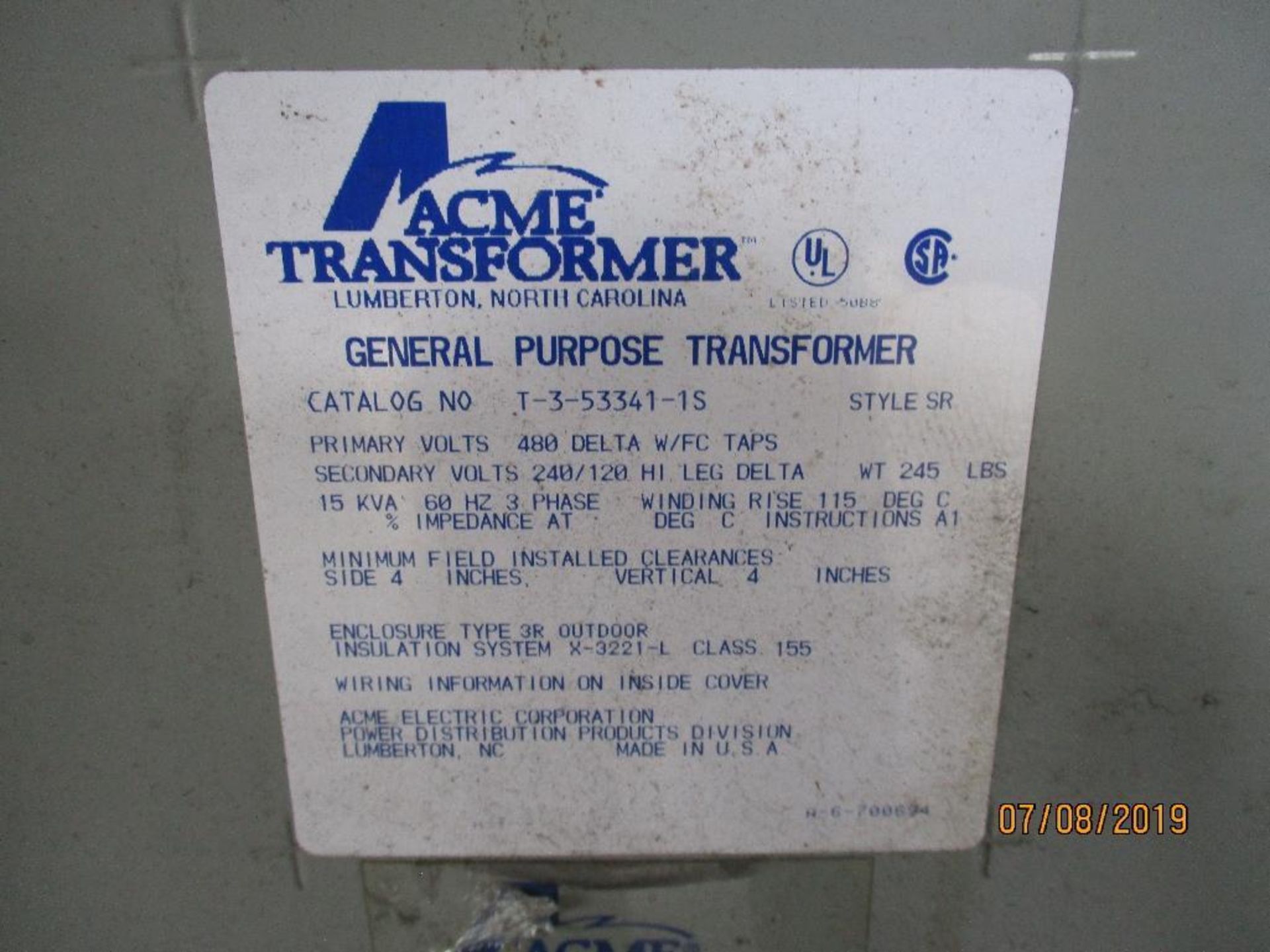 Acme Transformer Cat No. T-3-53341-18, 15kva, 60hz, 3ph, 245lbs, Located at 600 Old Hull Rd. Athens, - Image 2 of 2