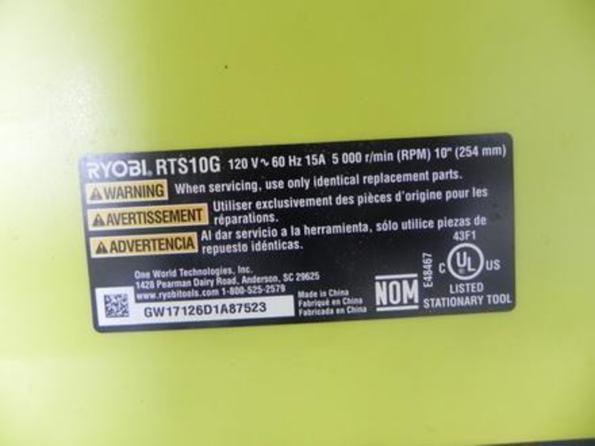 Ryobi 10in Model RTS10G Table Saw S/N: GW17126D1A87523, Adjustable Miter Gauge, Power 120v ~ 60hz 15 - Image 3 of 5