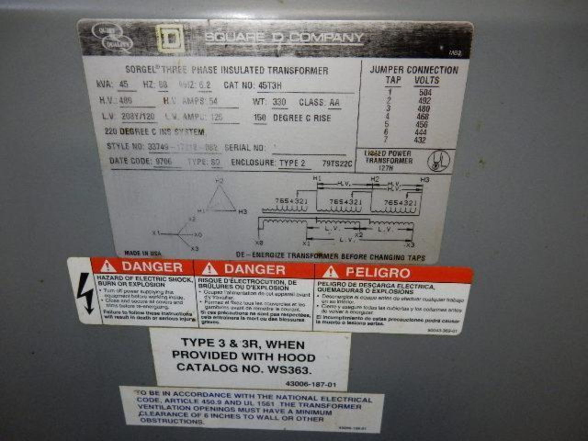 Square D Company - Sorgel Three Phase Insulated Transformer - KVA45, 60HZ, Z 6,2, CAT 45T3H, HV480, - Bild 3 aus 5