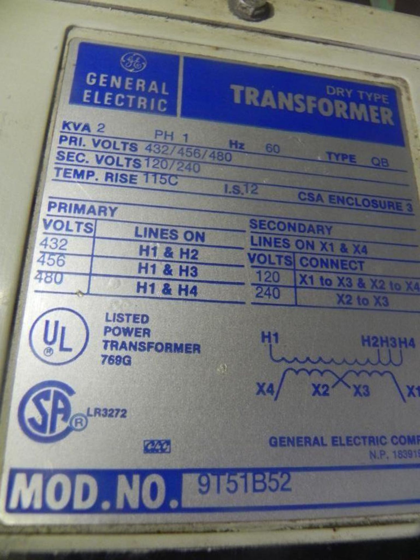 General Electric Dry Type Transformer 2 KVA, PH 1, HZ 60, Type QB, Privolts 432/456/480, Sec Volts 1 - Bild 2 aus 4