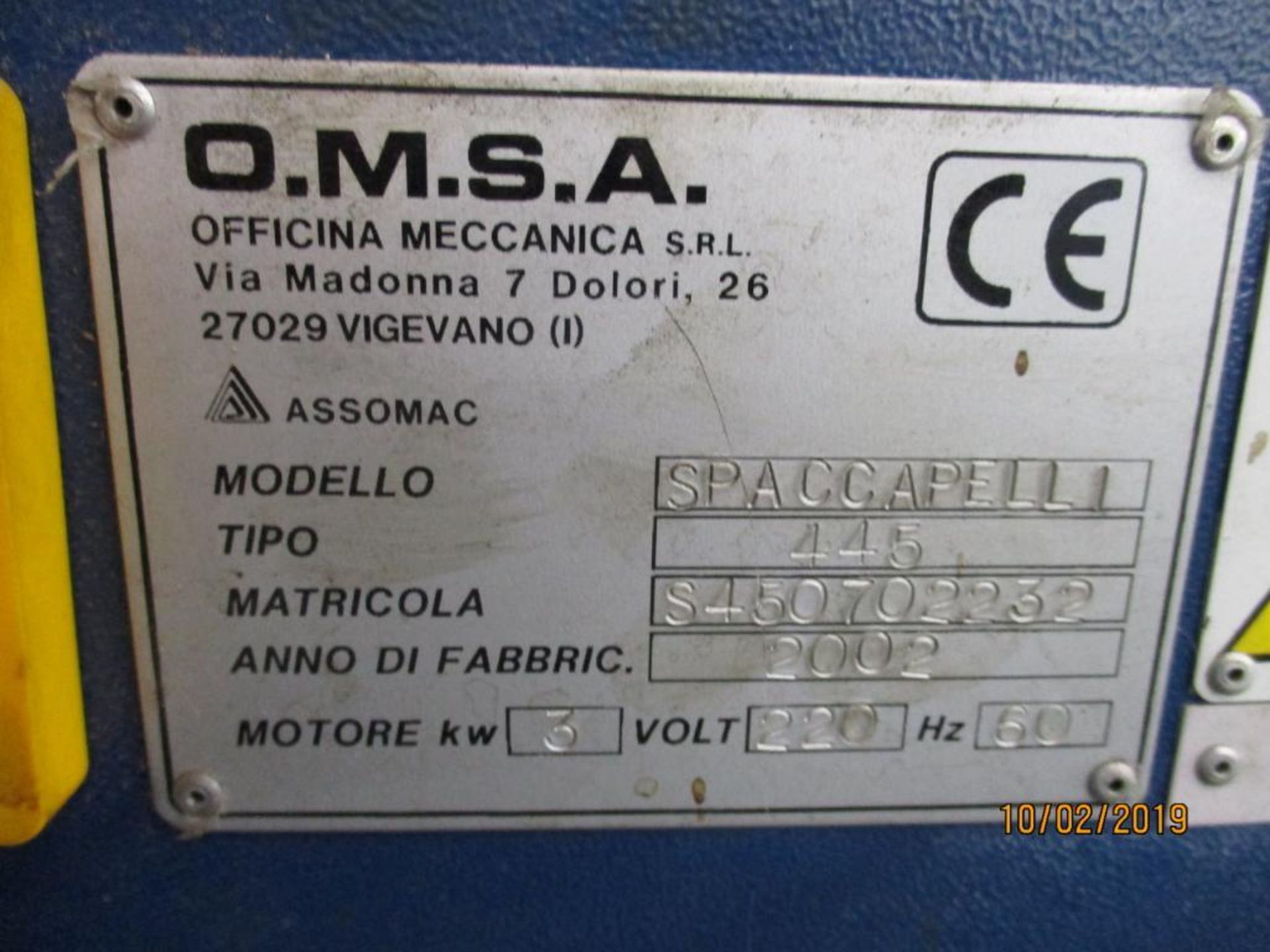 O.M.S.A. Spaccapelli 445 Programmable Leather Splitting Machine S/N: S450702232 (2002) Needs Repair- - Image 4 of 4