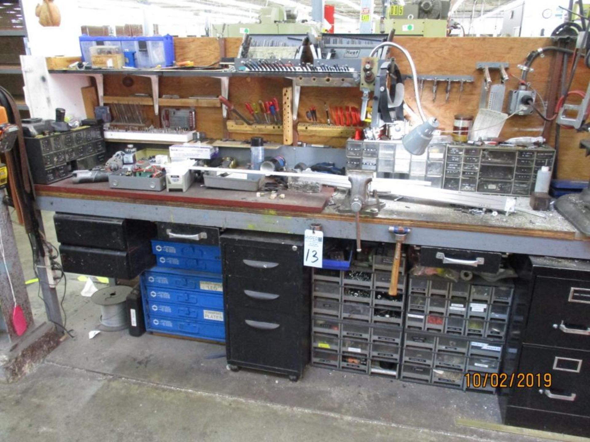 Work Bench Plus Contents Of Parts, Two Drawer File Cabinet, Three Drawer Cabinet, Parts Bins, Slide