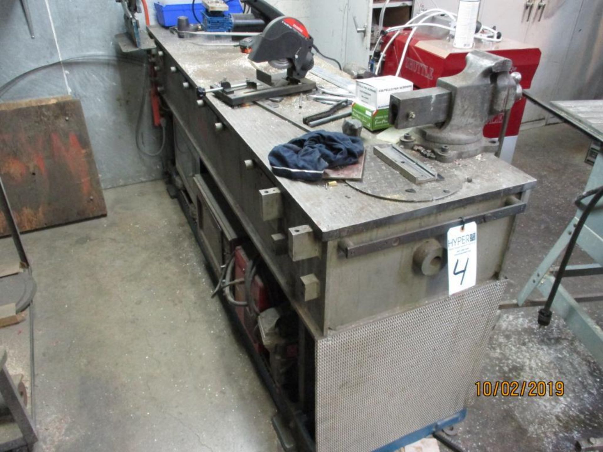 7' x 22"x4' (est) Heavy Duty Steel Work Tbale, 4" Vise, Cor-Mex Bench Top Shear (no other contents)
