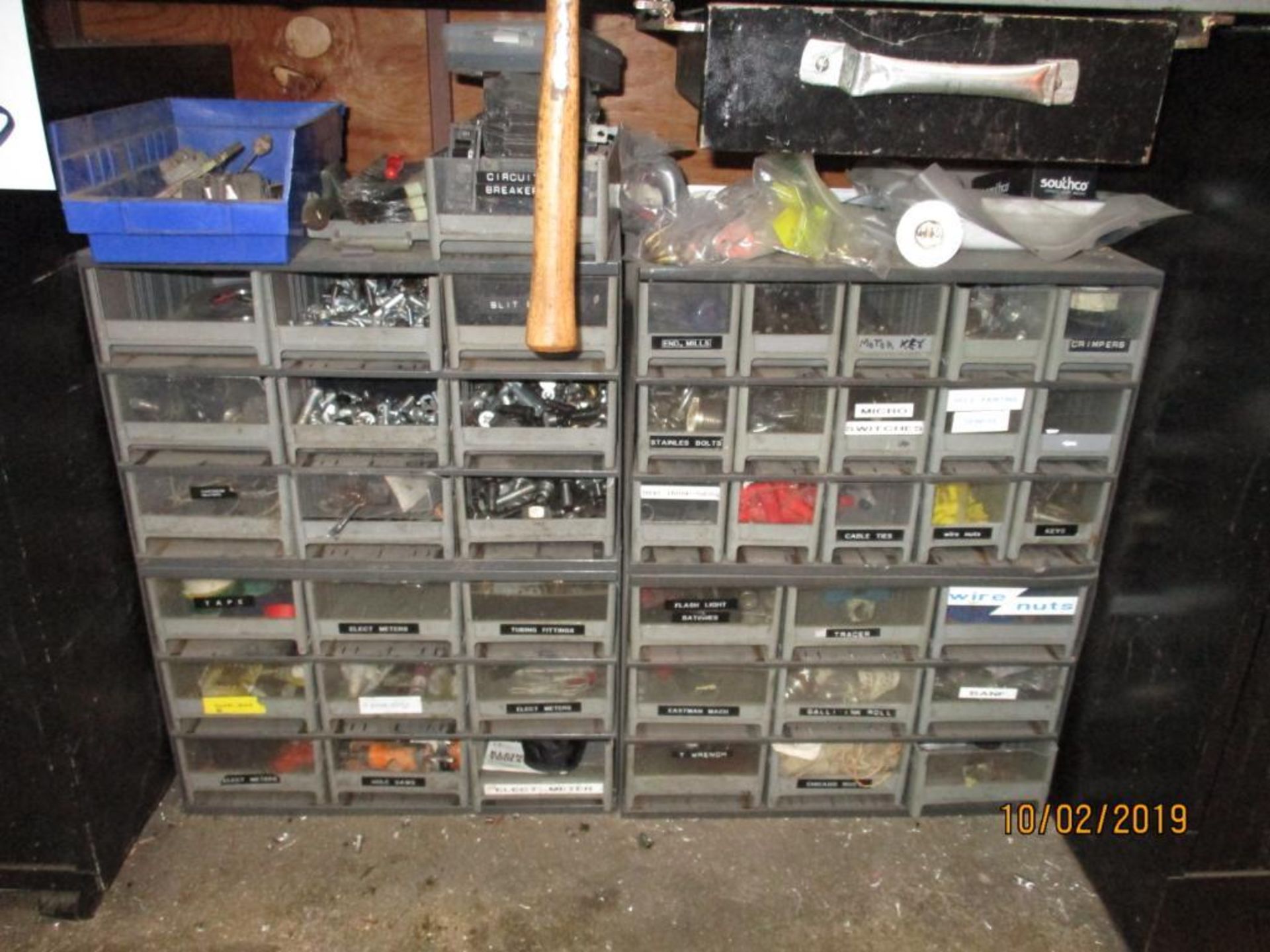 Work Bench Plus Contents Of Parts, Two Drawer File Cabinet, Three Drawer Cabinet, Parts Bins, Slide - Image 4 of 5