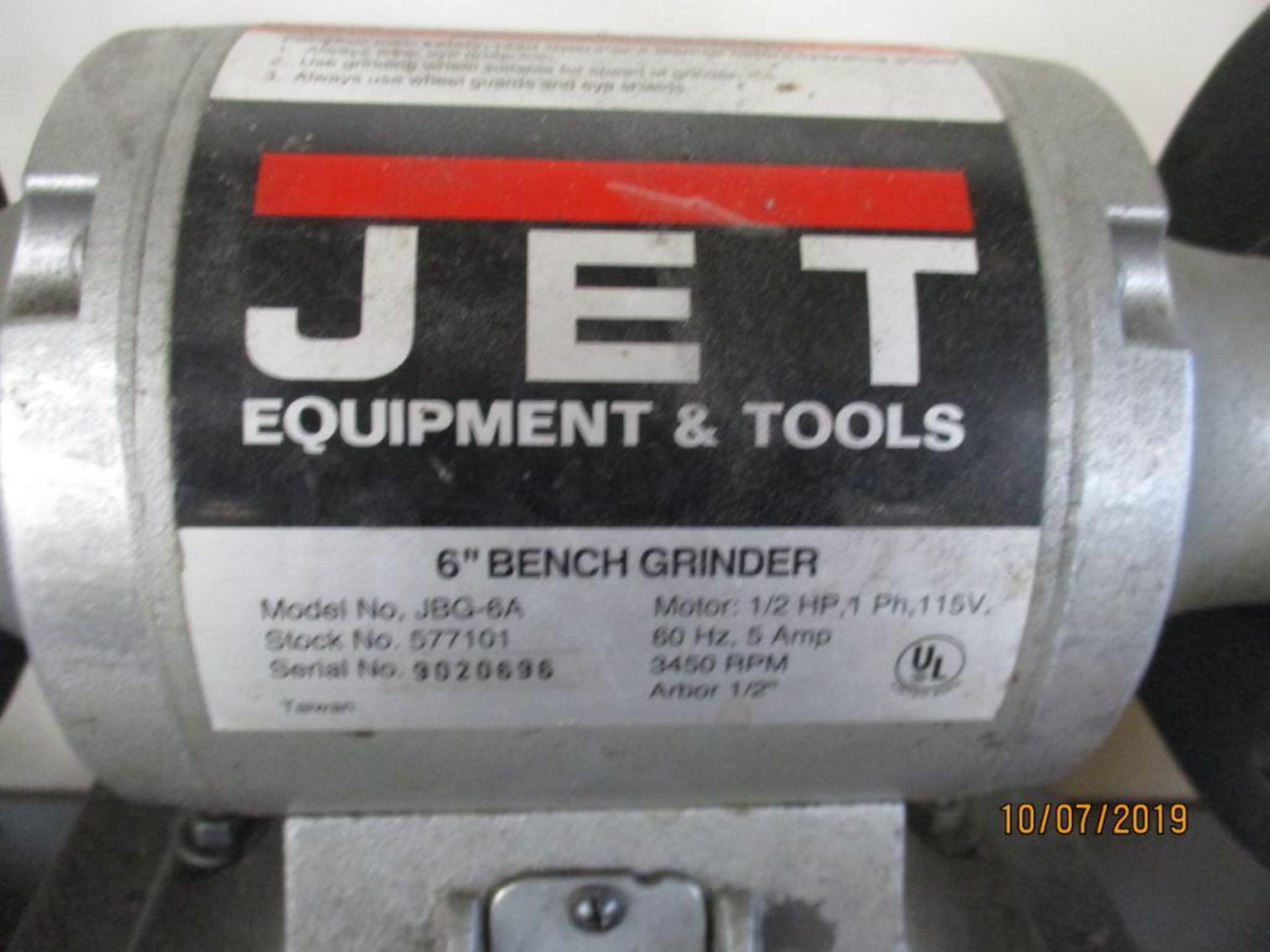 Jet 6" JBG-6A Pedestal Type Double End Grinder S/N: 9020696, 1/2HP Motor Drive - Image 2 of 2