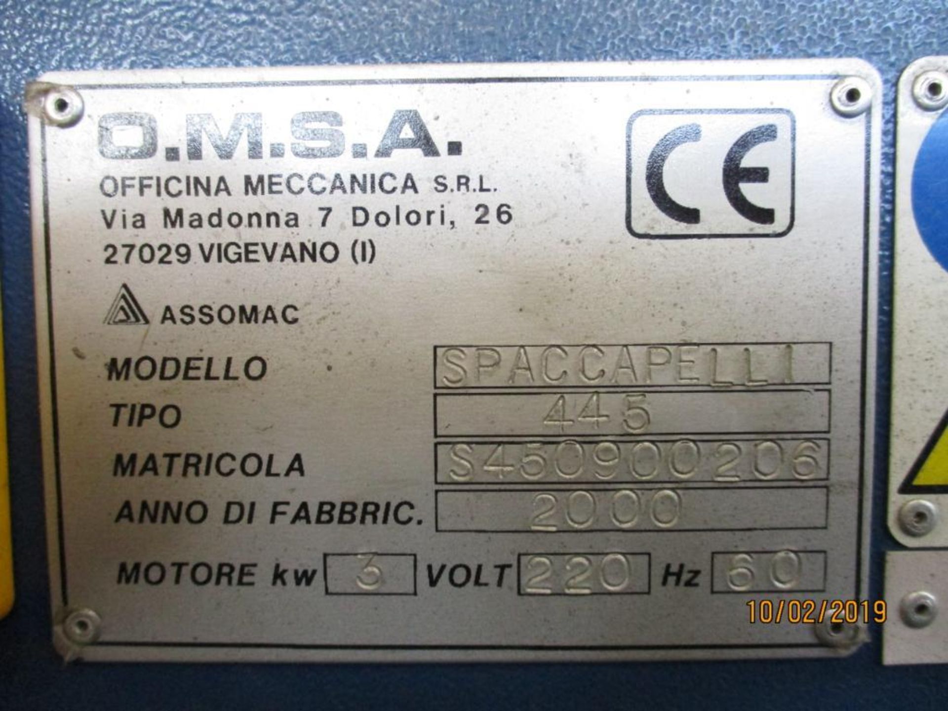 O.M.S.A. Spaccapelli 445 Programmable Leather Splitting Machine S/N: S450900206 (2000) Needs Repair- - Image 4 of 4