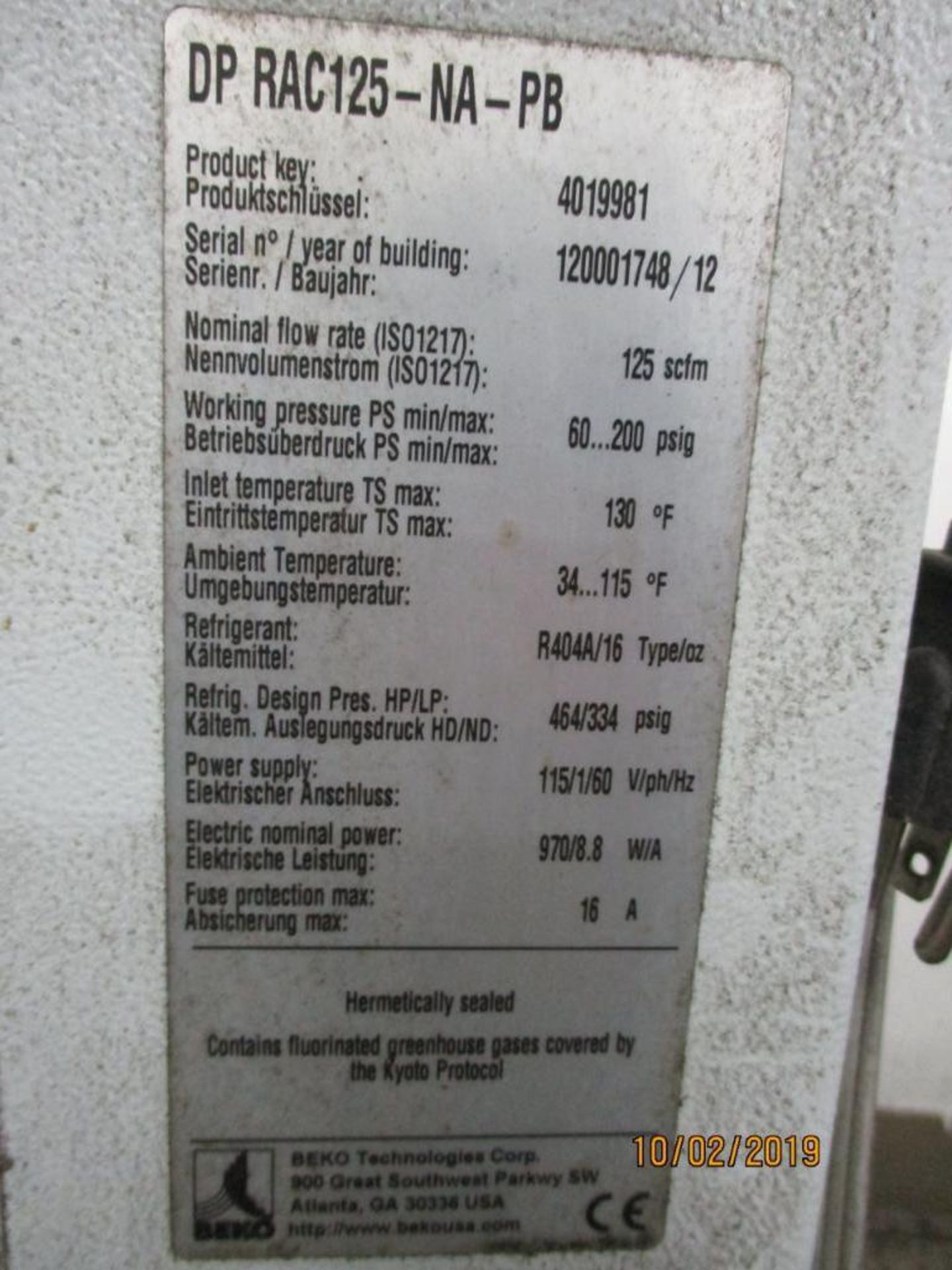 Beko Drypoint DP RAC125-NA-PB Refrigerated Air Dryer S/N 120001748-12, 125 SCFM, 200 PSIG, Not Runni - Image 2 of 2