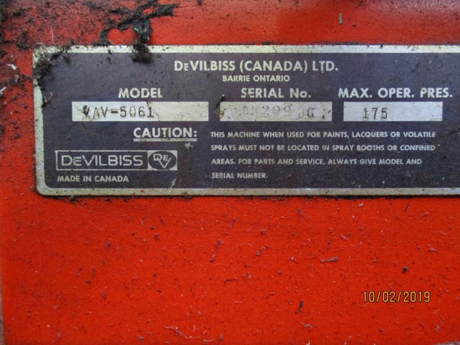 Devilbiss 15HP AV-5061 Two Stage Air Compressor S/N 13209DG, 175psi Max Pressure, Mounted on Horizon - Image 4 of 4