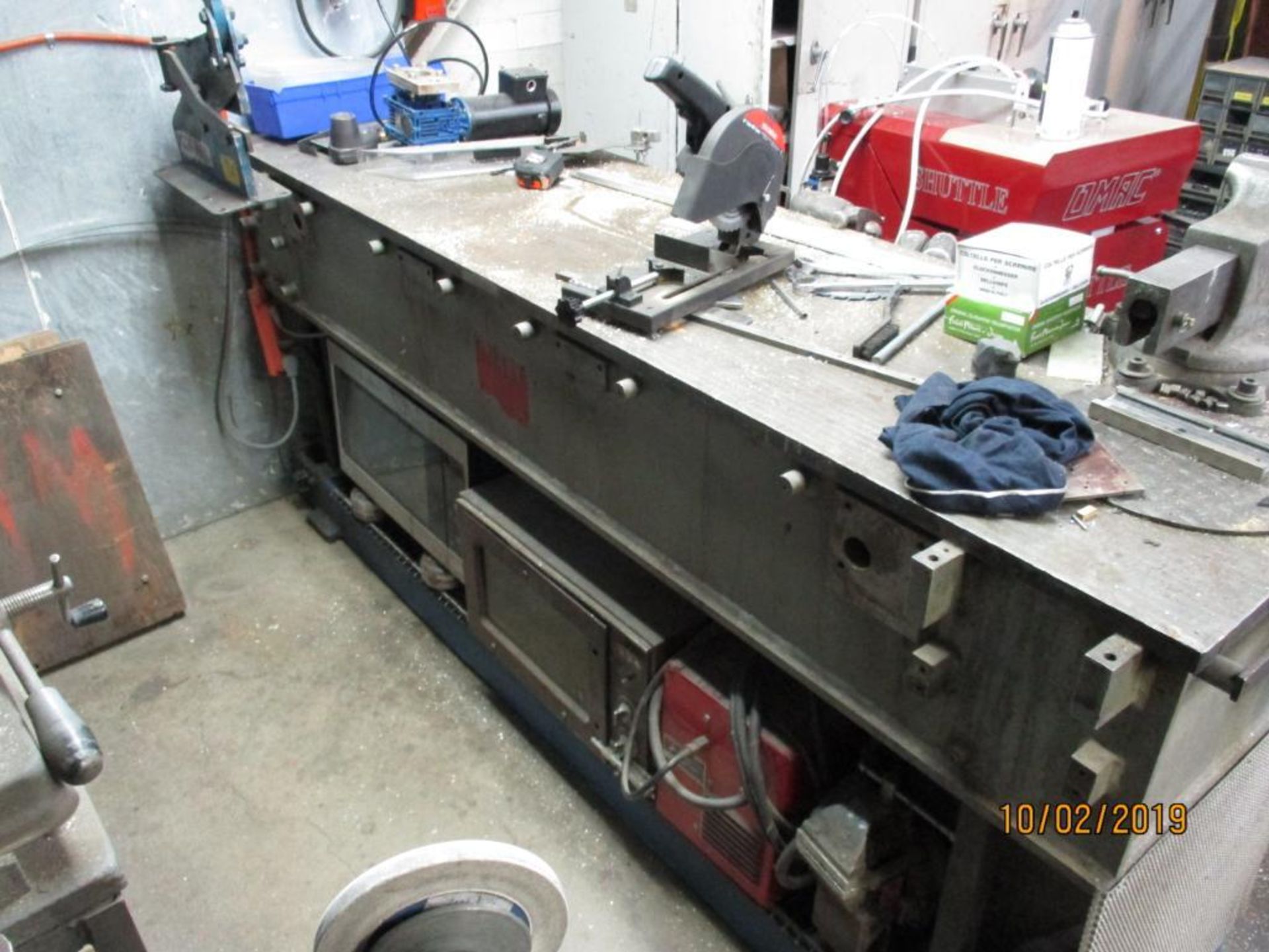 7' x 22"x4' (est) Heavy Duty Steel Work Tbale, 4" Vise, Cor-Mex Bench Top Shear (no other contents) - Image 2 of 4