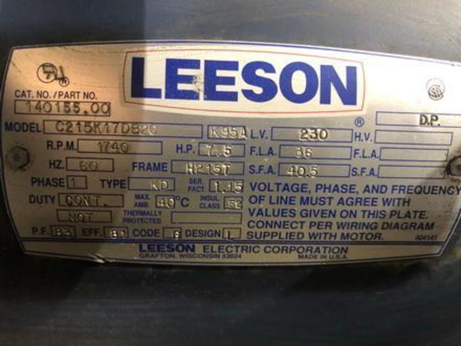 Leeson Air Compressor Model: C215K17DB20, Phase 01, Rpm 1740, H.P 7.5, Type KD - Image 2 of 8