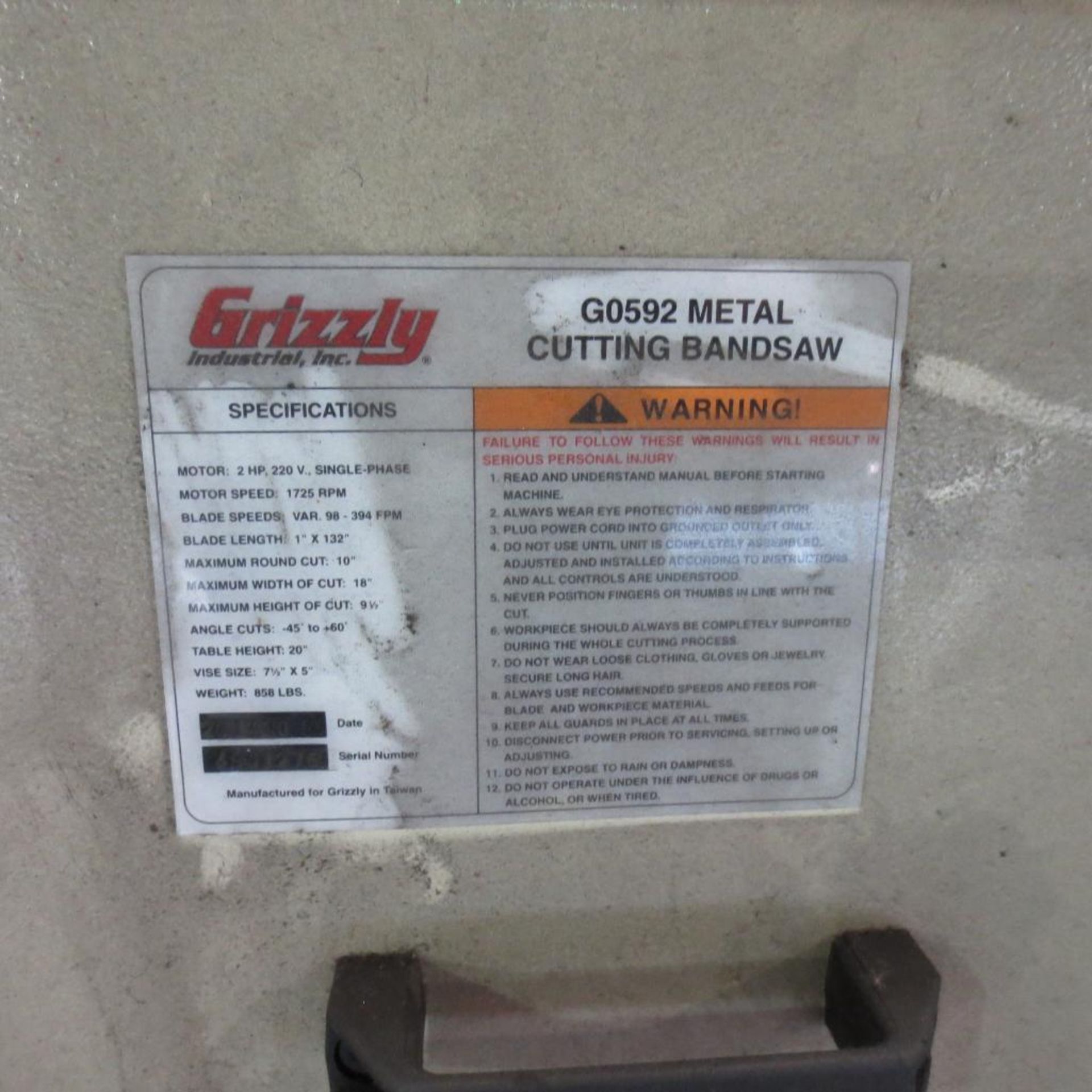 GRIZZLY 9.5" X 18" MODEL G0592 AUTOMATIC HORIZONTAL BANDSAW S/N: 49J1276 (2014) MANUAL CLAMPING, COO - Image 2 of 4