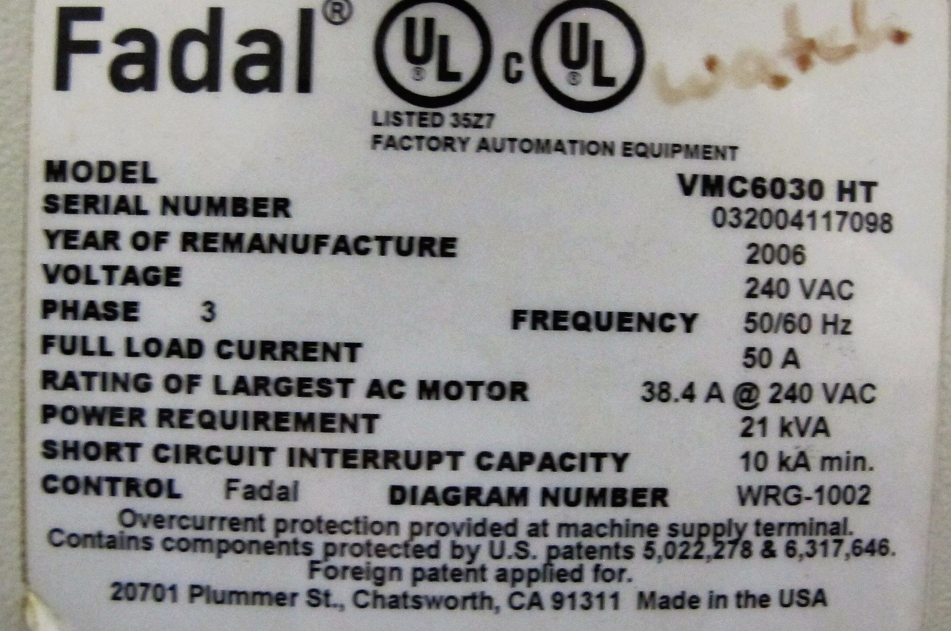 2006 FADAL VMC 6030HT CNC VERTICAL MACHINING CENTER, TRAVELS" X-60", Y-30", Z-30", S/N 032004117098, - Image 6 of 8