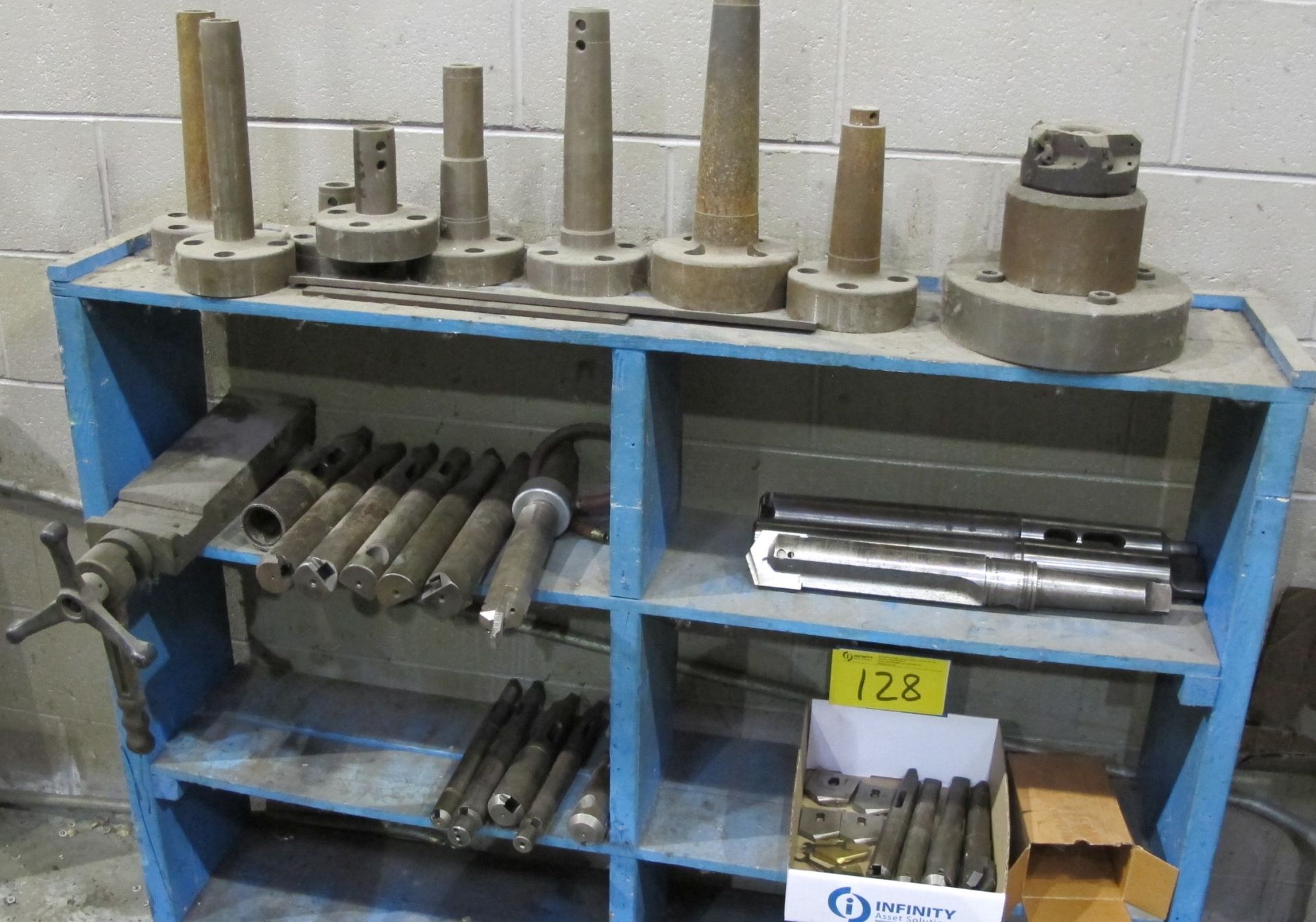 QTY OF BORING BARS, CUTTING ATTACHMENTS, TOOL HOLDERS W/ WOOD SHELVING UNIT