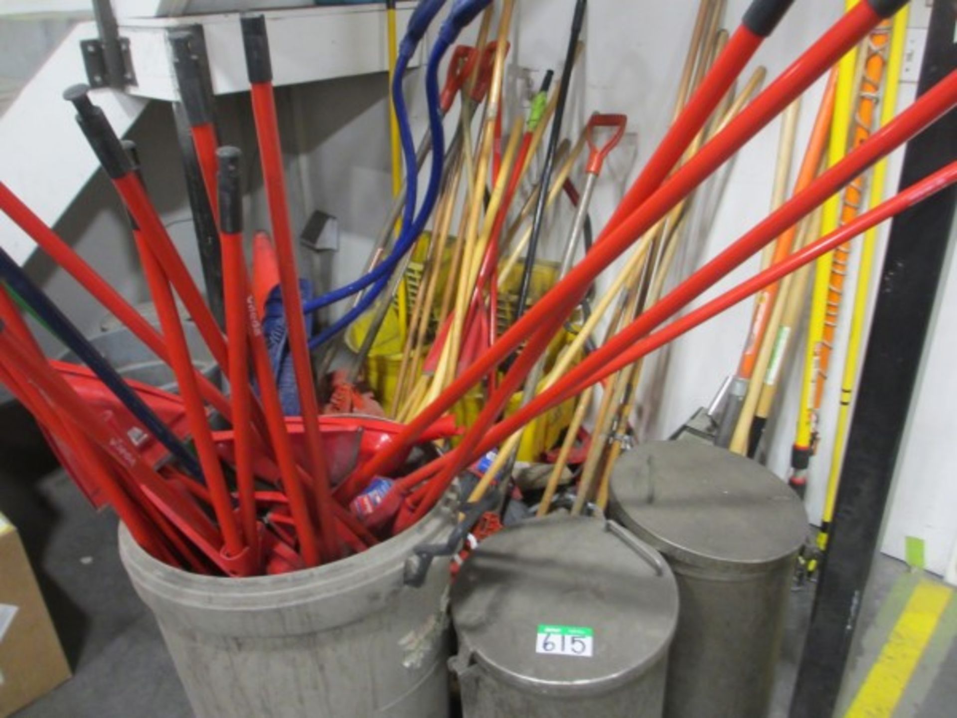 L2: LOT OF JANITOR SUPPLIES, BROOMS, SHOVERLS, WASTE CANS