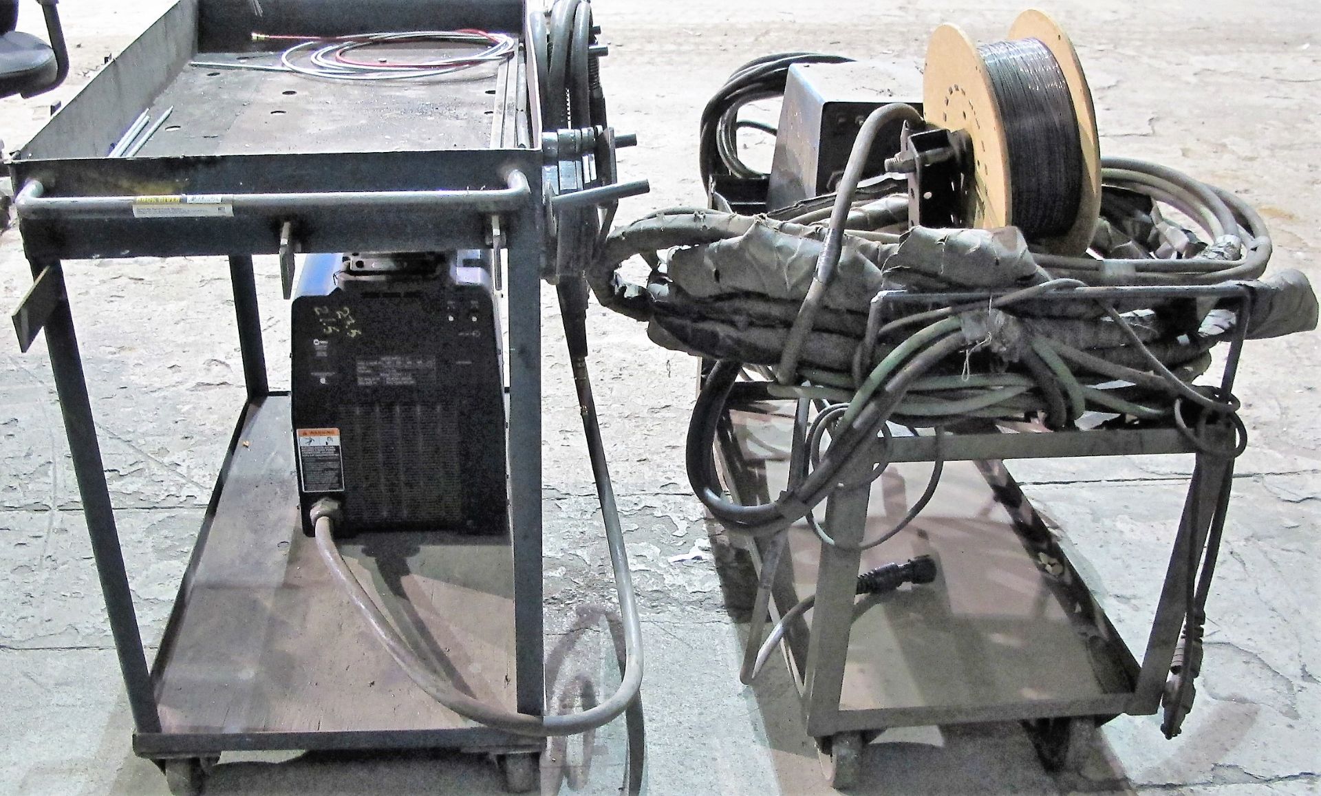 MILLER XMT 350 CC/CW WELDER, S/N LF096946 W/ MILLER 22A WIRE FEEDER, CABLES & CART - Image 4 of 4