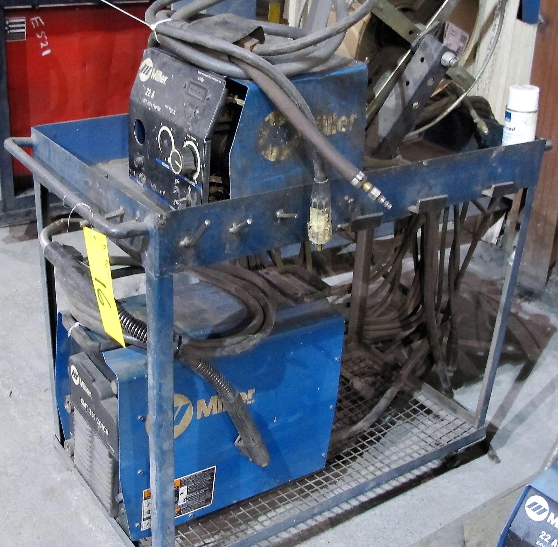 MILLER XMT 350 CC/CW WELDER, S/N LF470022A W/ MILLER 22A WIRE FEEDER, CABLES & CART - Image 2 of 4