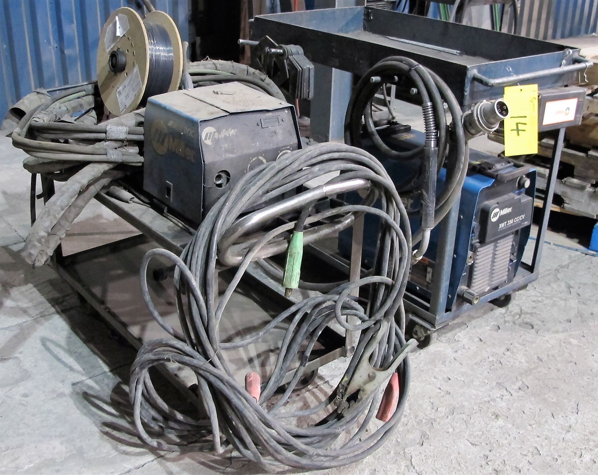 MILLER XMT 350 CC/CW WELDER, S/N LF096946 W/ MILLER 22A WIRE FEEDER, CABLES & CART - Image 2 of 4