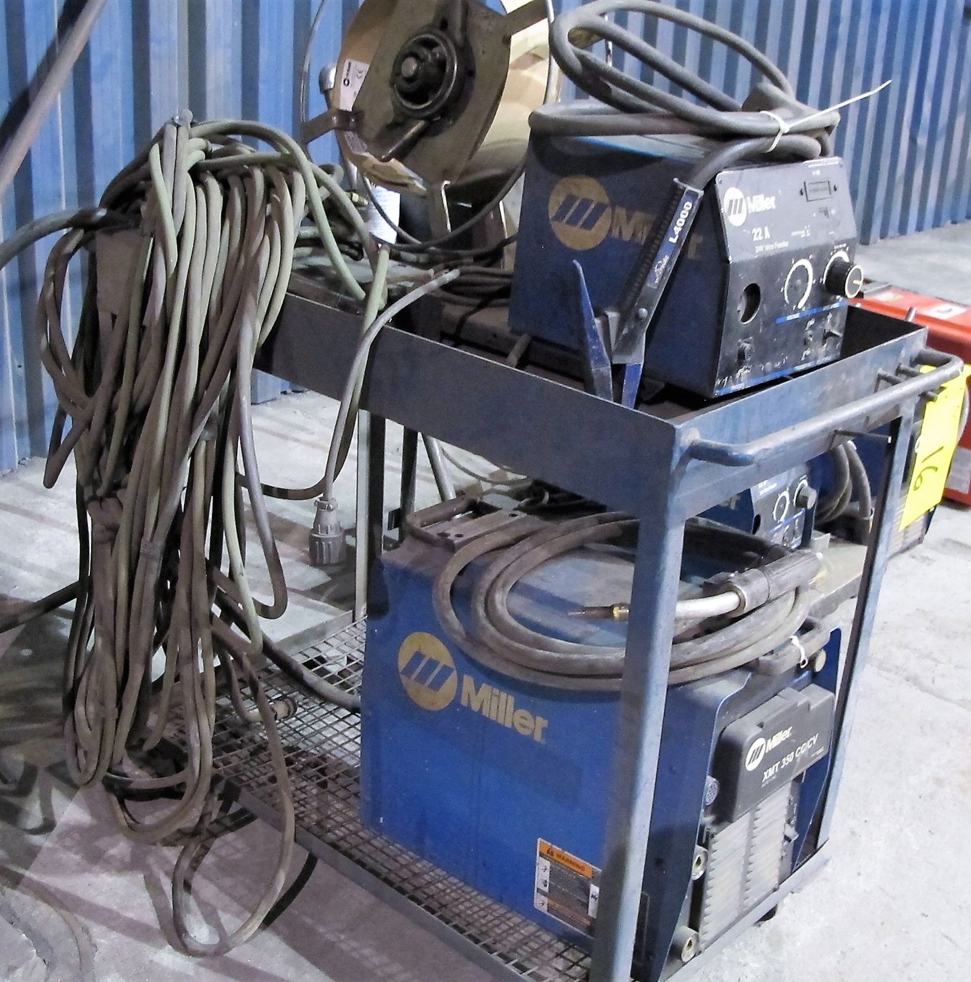 MILLER XMT 350 CC/CW WELDER, S/N LF470022A W/ MILLER 22A WIRE FEEDER, CABLES & CART - Image 3 of 4