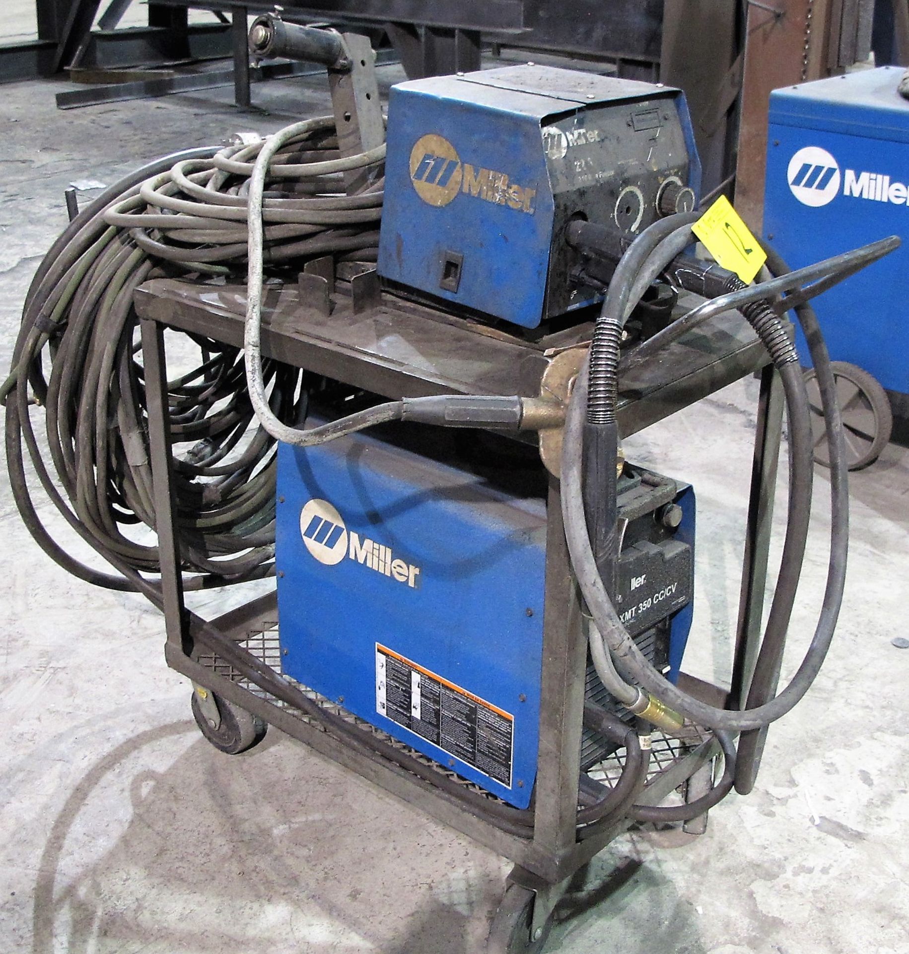 MILLER XMT 350 CC/CW WELDER, S/N LH160462A W/ MILLER 22A WIRE FEEDER, CABLES & CART - Image 2 of 4