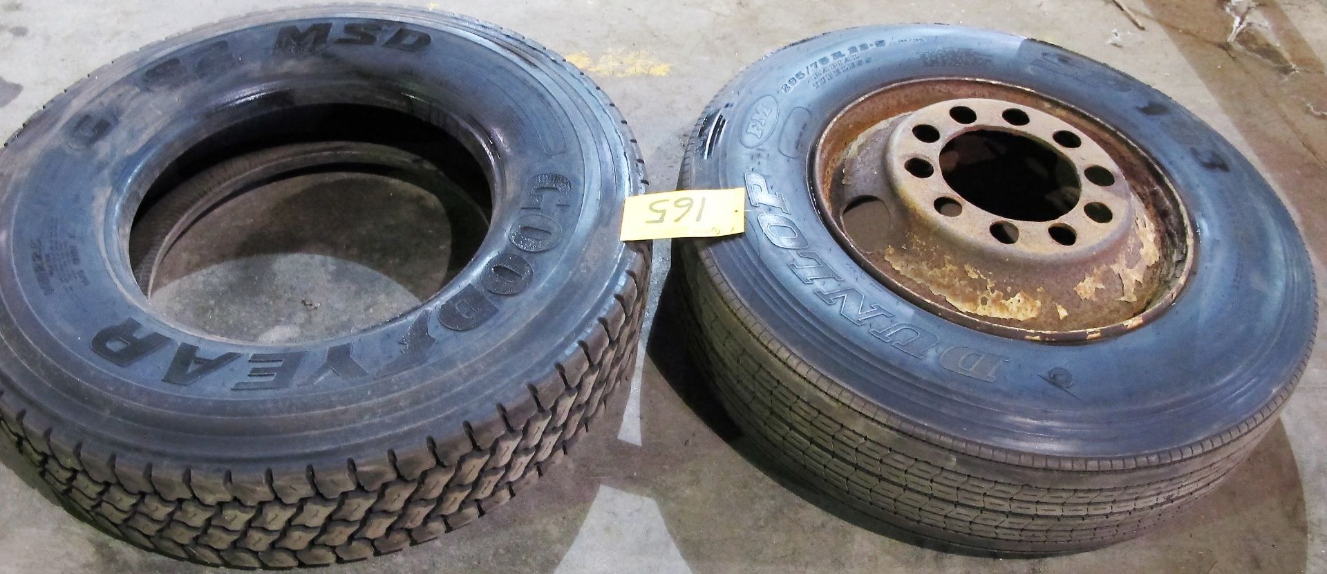 LOT OF (2) 11R22.5 TRANSPORT TRAILER TIRES W/ (1) RIM