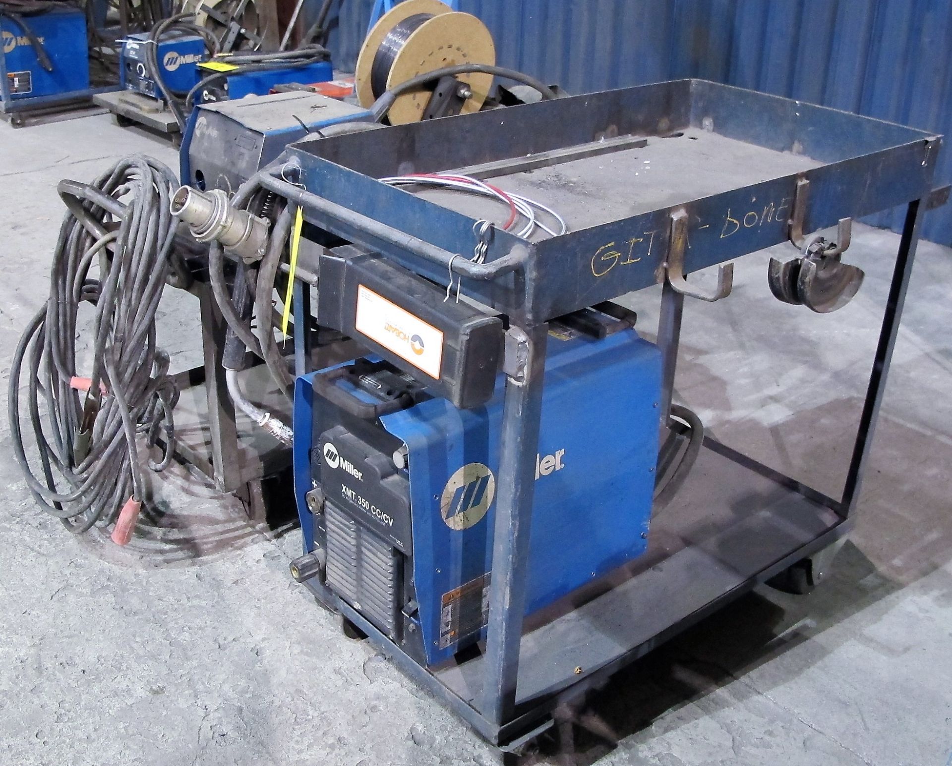 MILLER XMT 350 CC/CW WELDER, S/N LF096946 W/ MILLER 22A WIRE FEEDER, CABLES & CART - Image 3 of 4