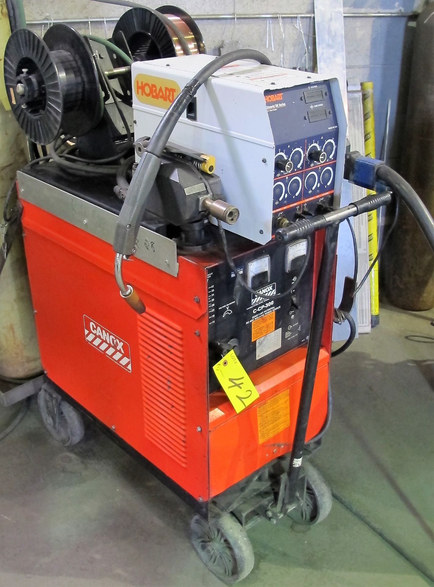 CANOX C-CP-300 CP DC ARC WELDER, S/N JJ325597 W/ HOBART OLYMPIC 60 SERIES 24V WIRE FEEDER, CART,