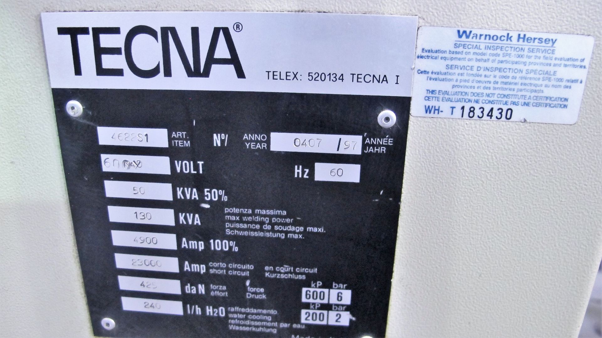 TECNA 4622S1 SPOT WELDER, 130KVA, TE90 MARK II CONTROL, 24" THROAT (NO TANKS) - Image 4 of 4
