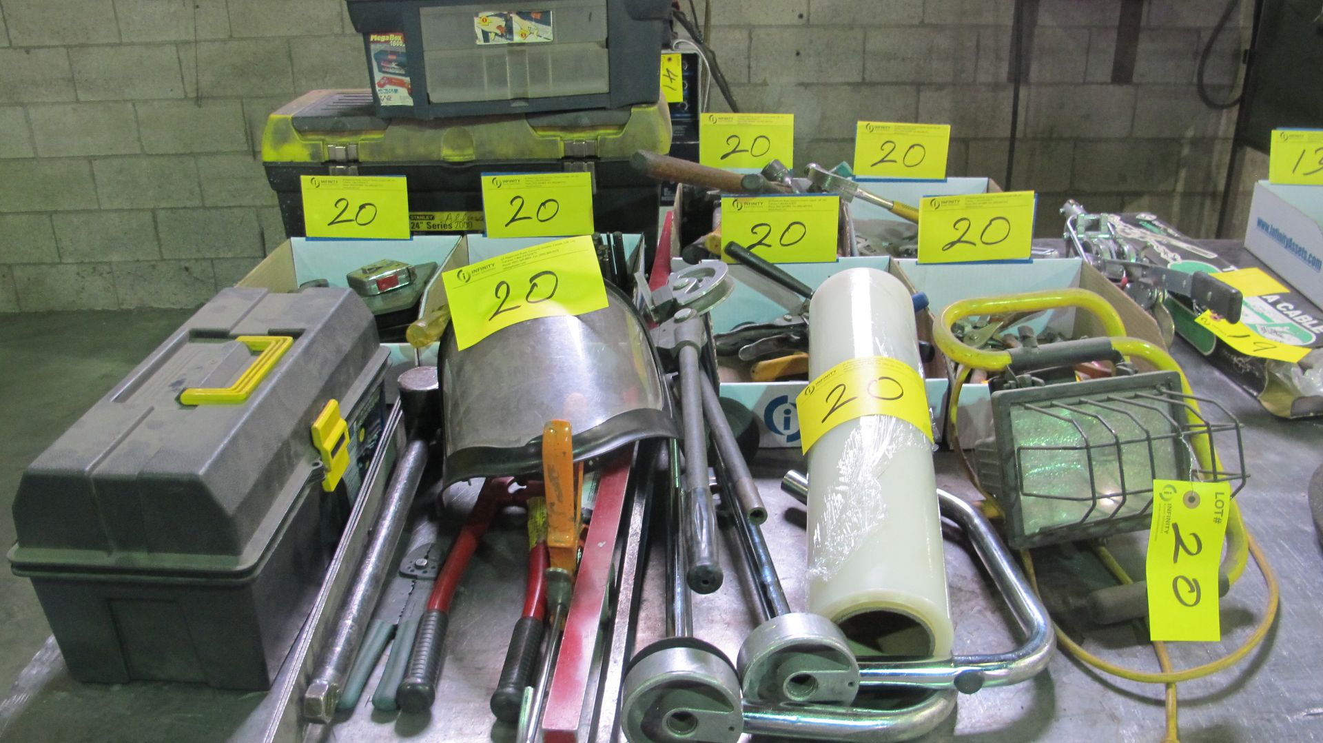 LOT ASST. SHRINK WRAP TOOLS, LIGHTS, CONDUIT BENDERS, PUNCHES, HAND TOOLS, TOOLBOXES, ETC.