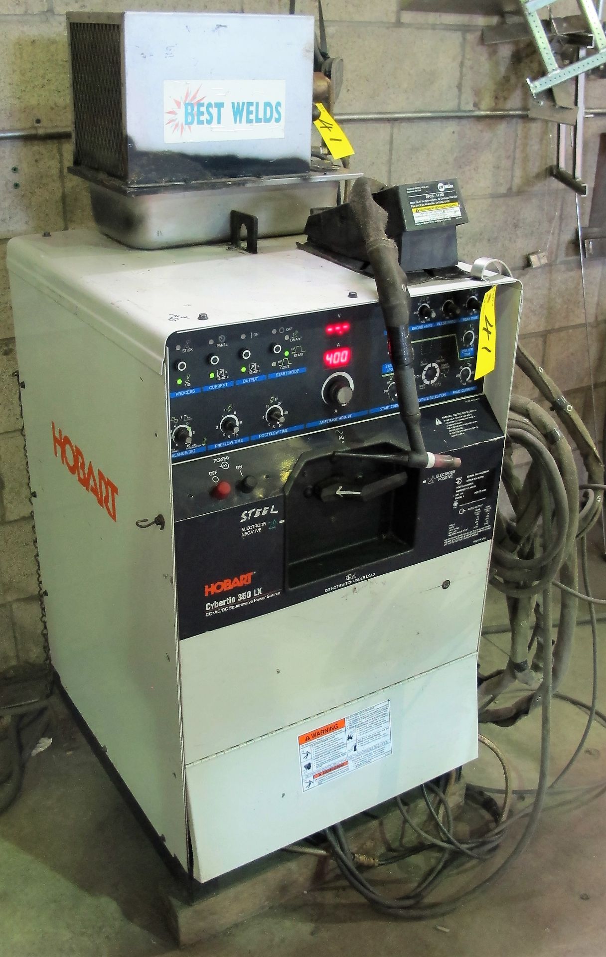 HOBART CYBERTIG 350LX CC AC/DC SQUAREWAVE POWER SOURCE, S/N KJ209640 W/ BEST WELDS COOLING UNIT,