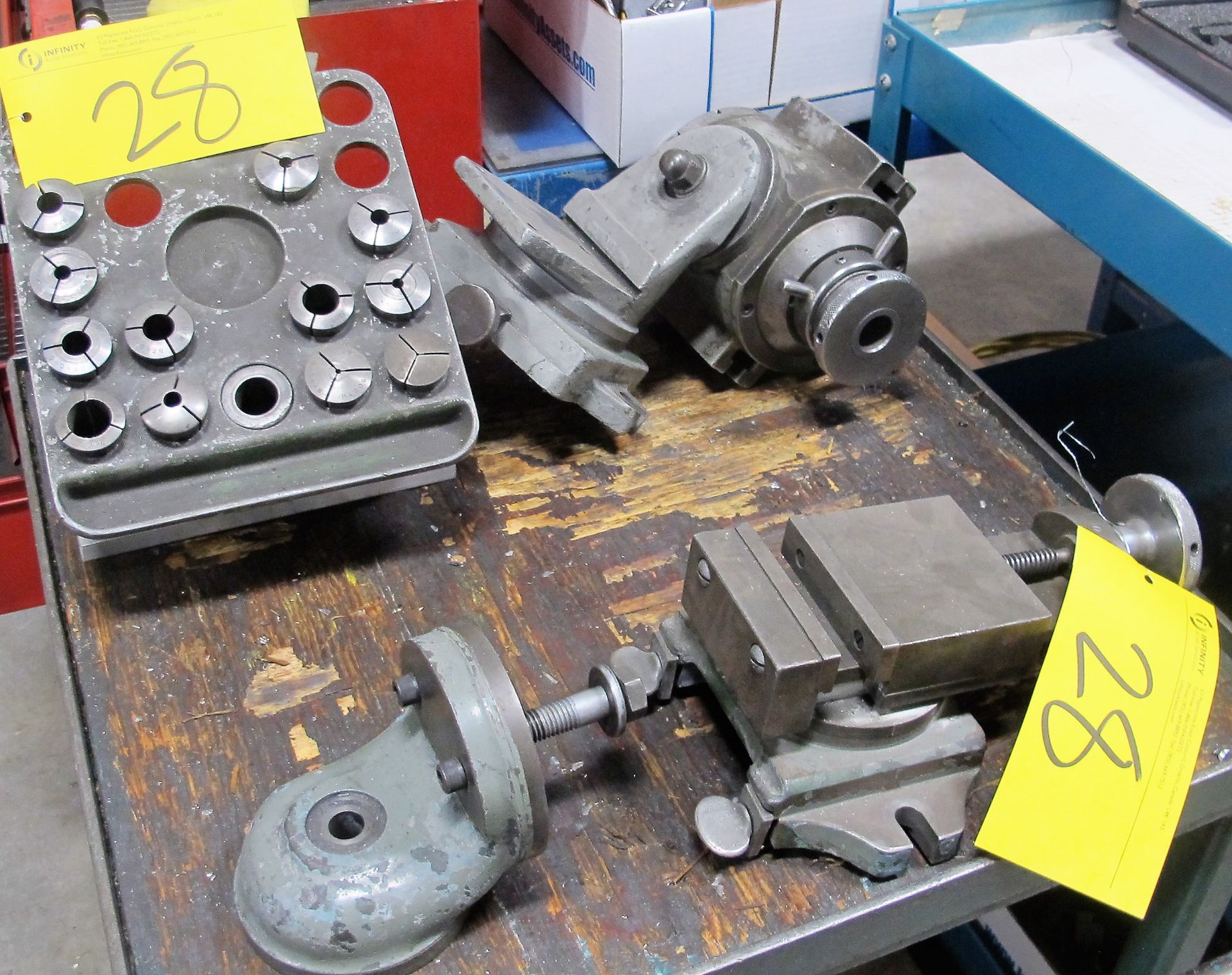 LOT OF ASST. PRECISION VISES, INDEXING FIXTURE, COLLETS, ETC.