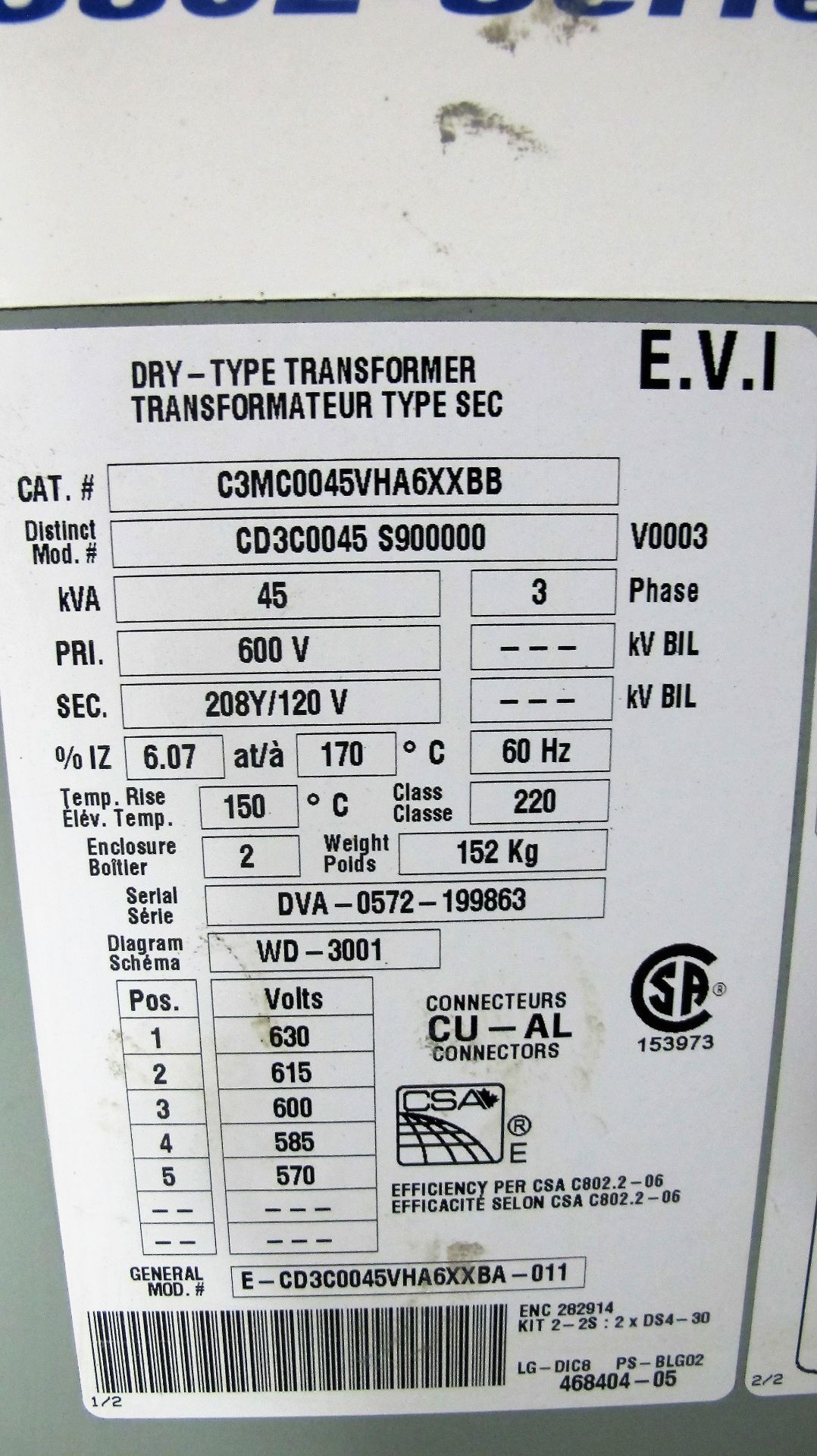 EVI 45KVA TRANSFORMER W/ SPLITTER & (2) SWITCHES - Image 2 of 4