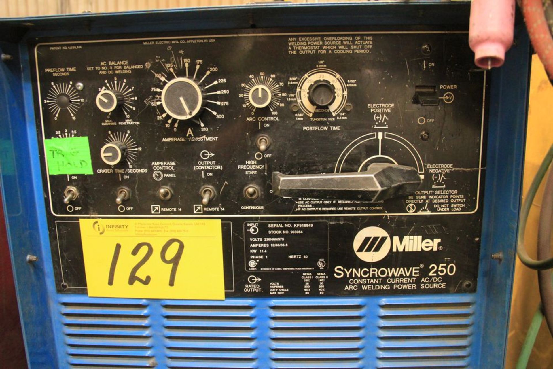 MILLER SYNCROWAVE 250 ELECTRIC POWERED WELDER C/W TIG - Image 2 of 2