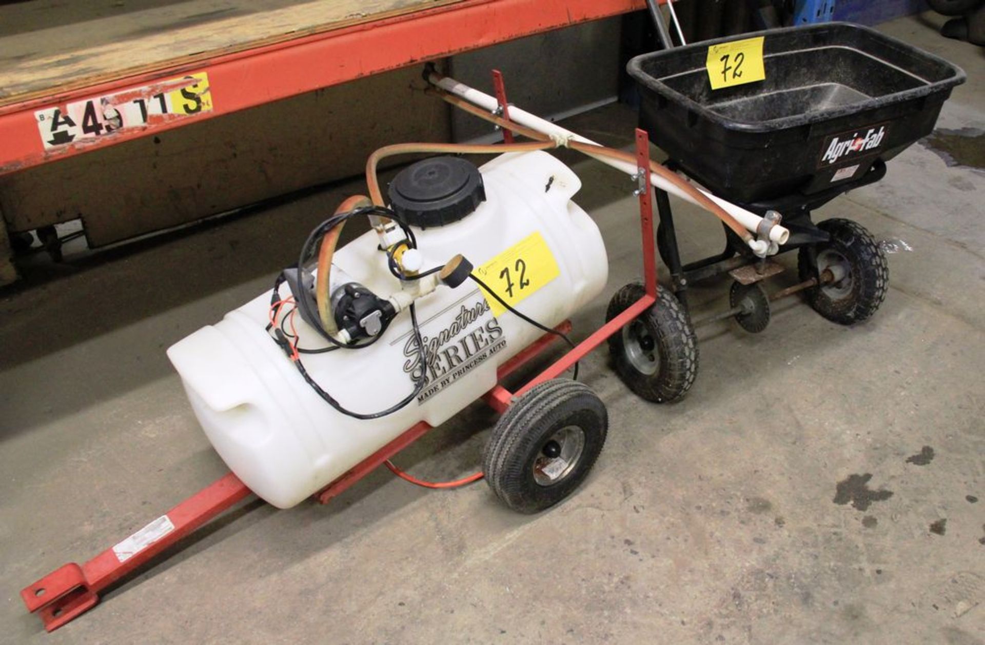 SIGNATURE ELECTRIC POWERED SPRAYER MOUNTED ON SINGLE AXLE TRAILER & AGRI-FAB SALT SPREADER