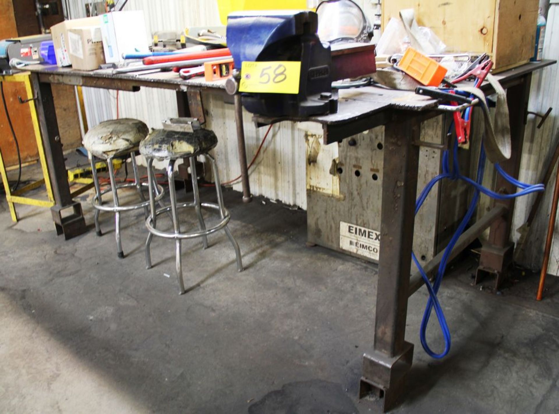 4' X 8' LONG STEEL WORK BENCH C/W RECORD 8" BENCH VISE