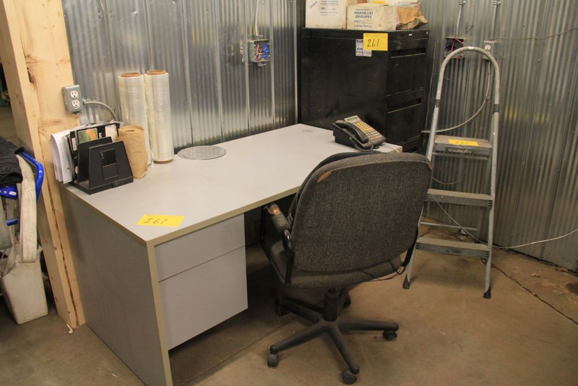 DESK, CHAIR, FILING CABINET