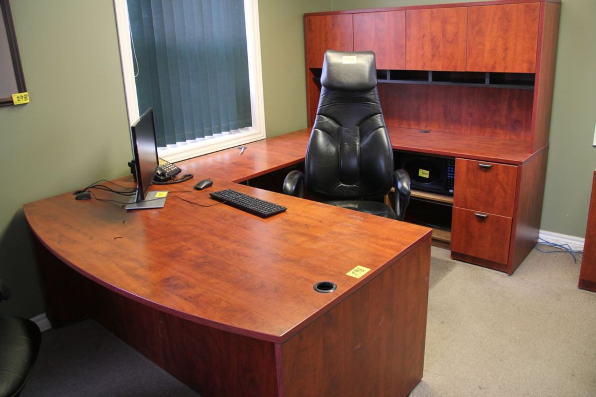 L SHAPED DESK, (2) CHAIRS, CREDENZA, BOARDROOM TABLE, (4) CHAIRS, FILING CABINET, WHITE BOARD,