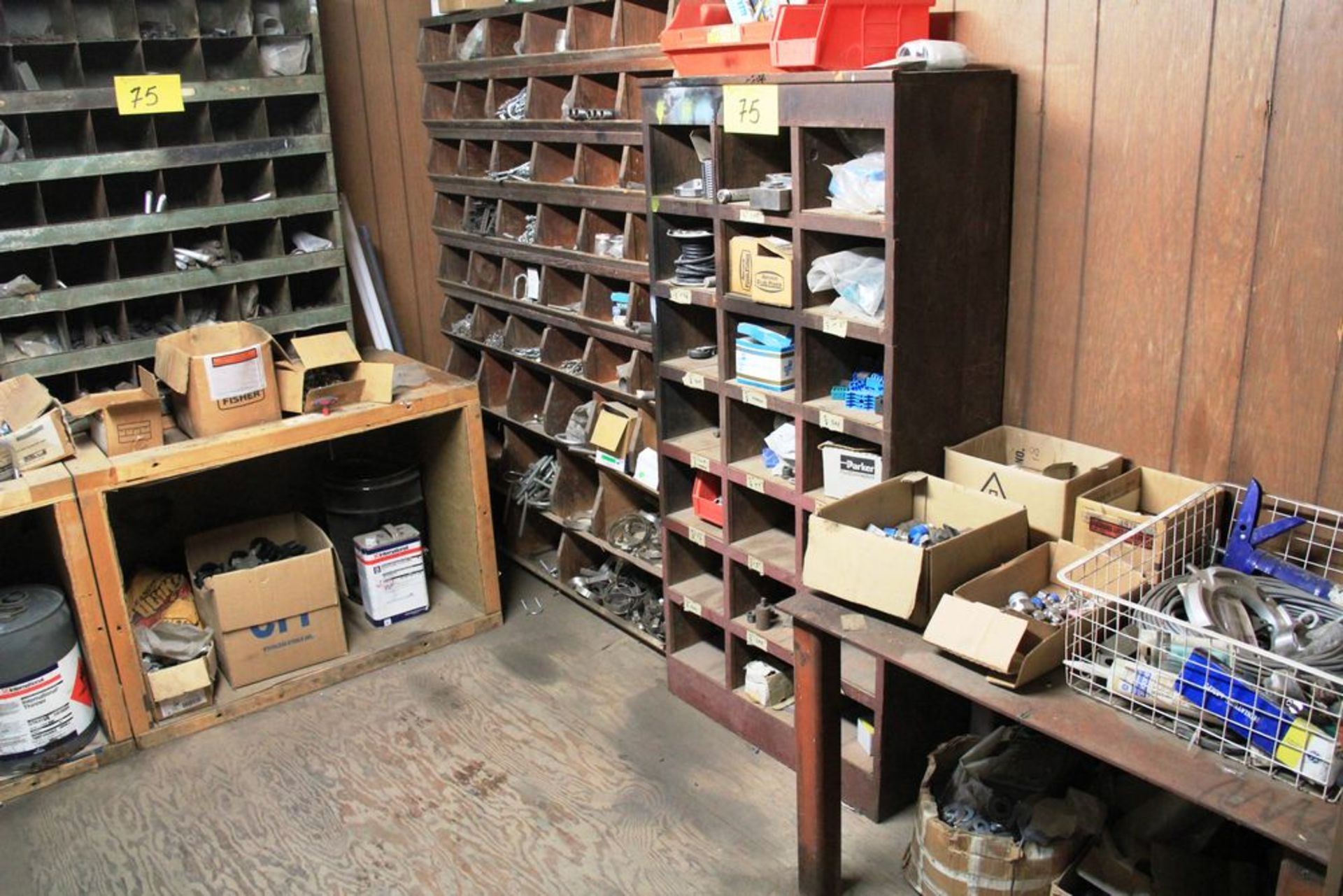 CONTENTS OF NUTS, BOLTS STORAGE ROOM, SHELVING, CONTROLS, ELECTRICAL BOXES