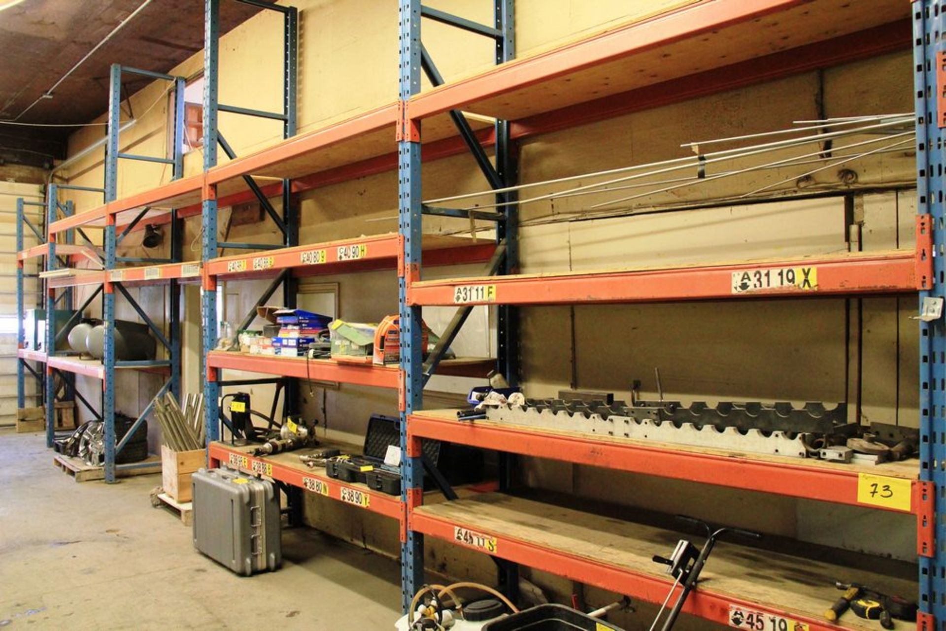 LOT, (6) SECTIONS OF PALLET RACKING CONSISTING OF: 30" X (5) 14 '- (2) 10' UPRIGHTS, (32) 4" X 8'