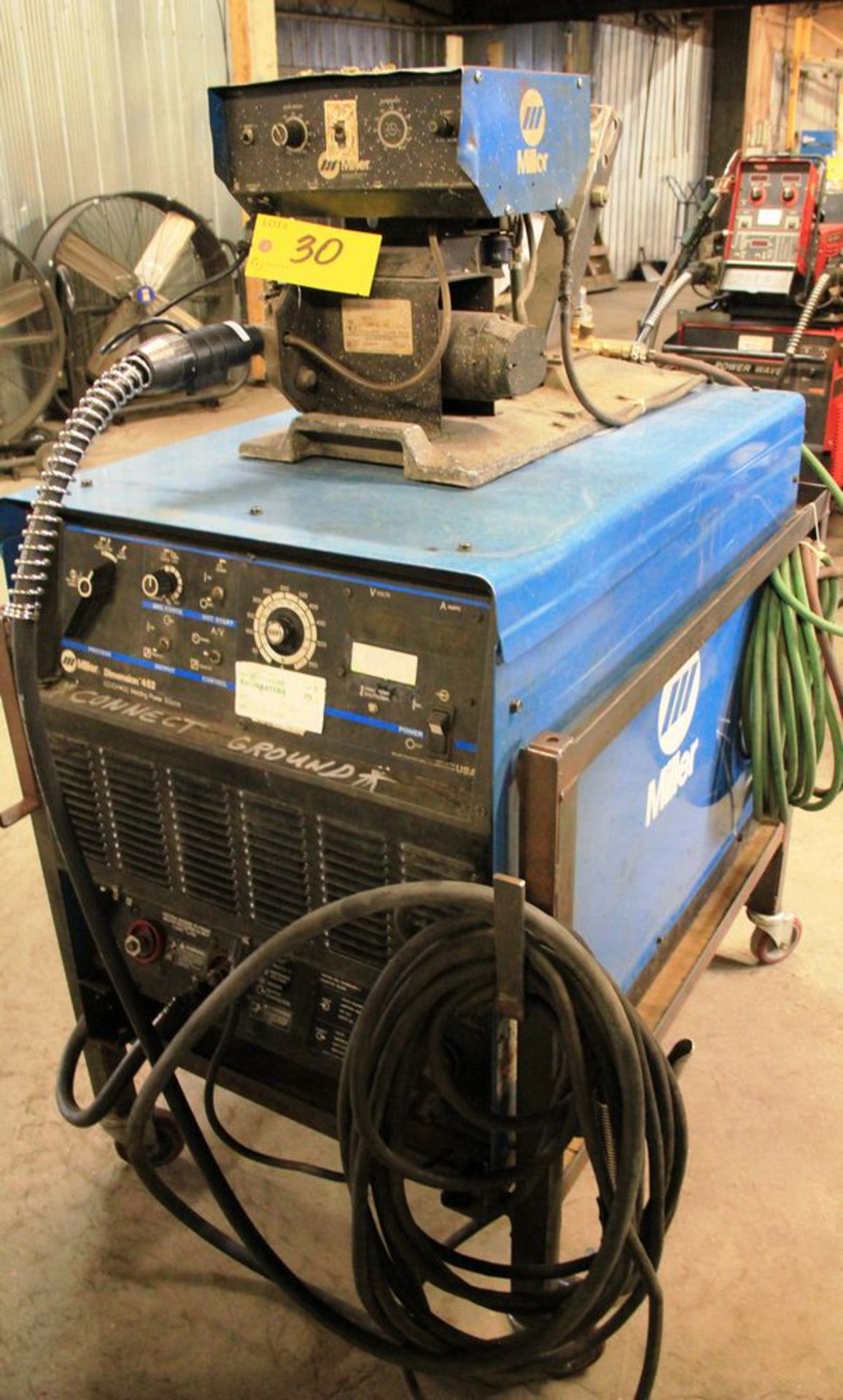 MILLER DIMENSION 452 ELECTRIC WELDER, DIGITAL READ-OUT, MILLER S-54E WIRE FEEDER MOUNTED ON CART,