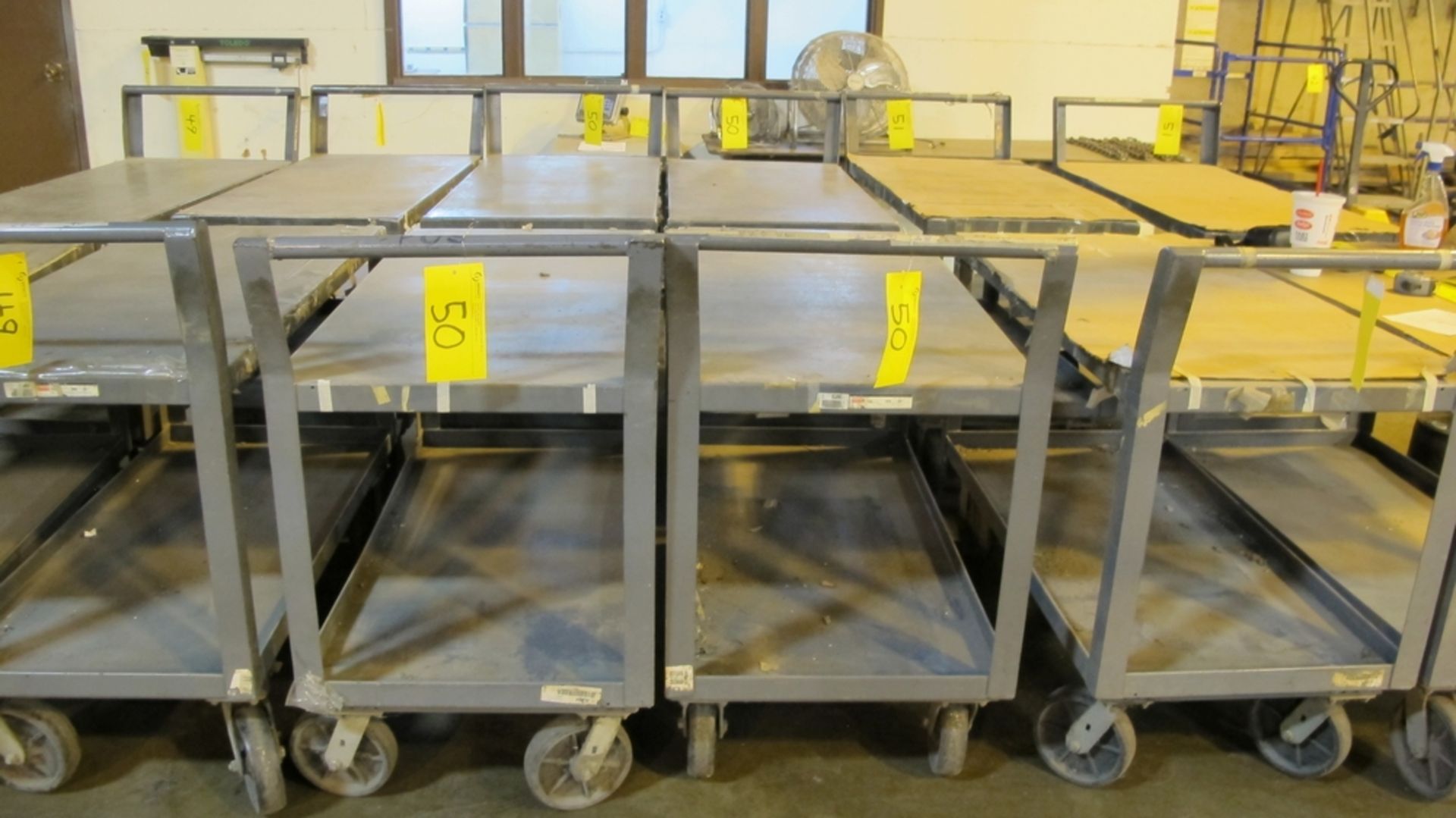 LOT OF 4 DAYTON 2000 LB CAP, 2 LEVEL, HEAVY DUTY SHOP CART