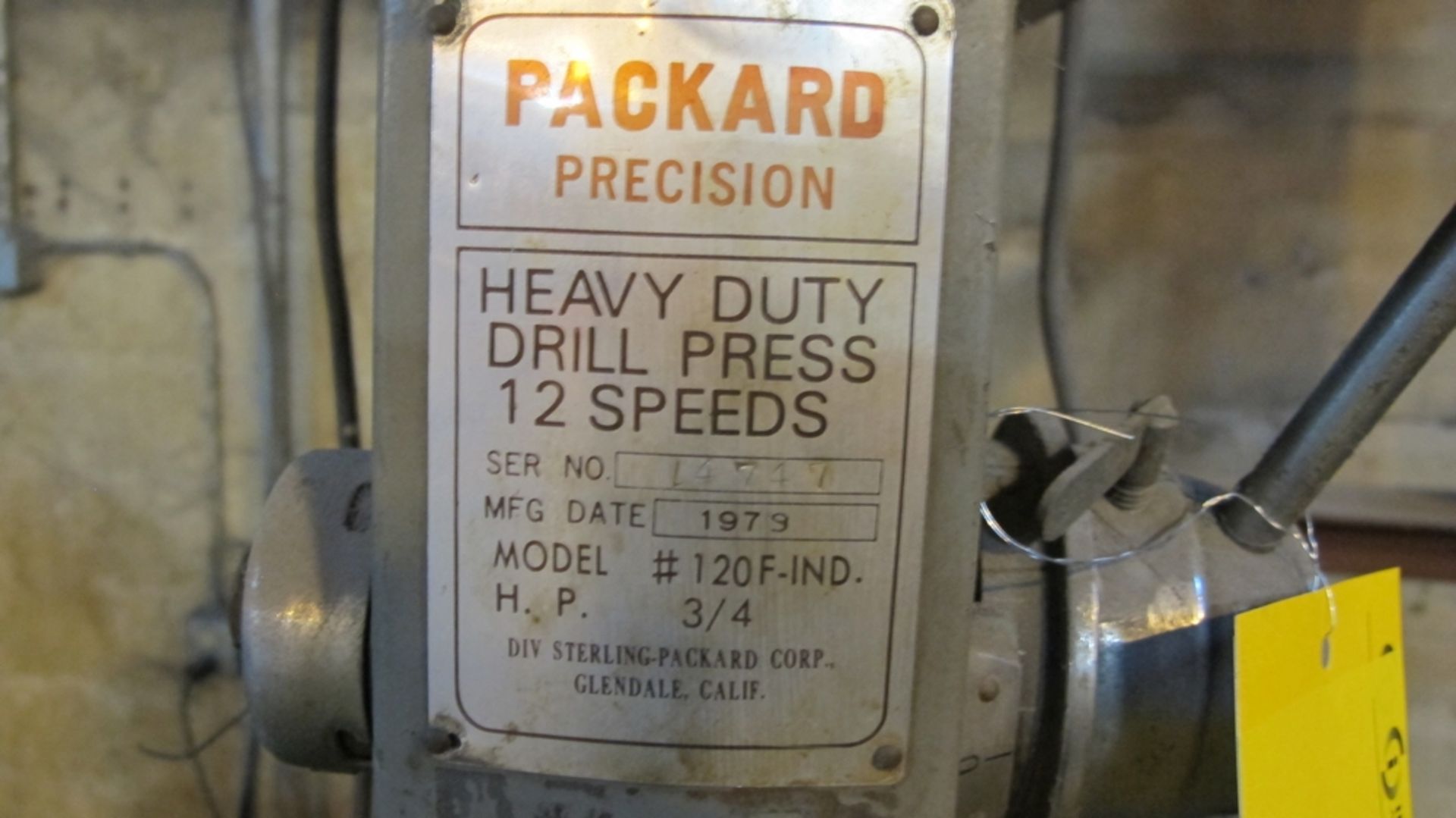 PACKARD PRECISION HEAVY DUTY DRILL PRESS, 12 SPEEDS, MODEL 120 F-IND, 3/4 HP, S/N 14747 - Image 2 of 2