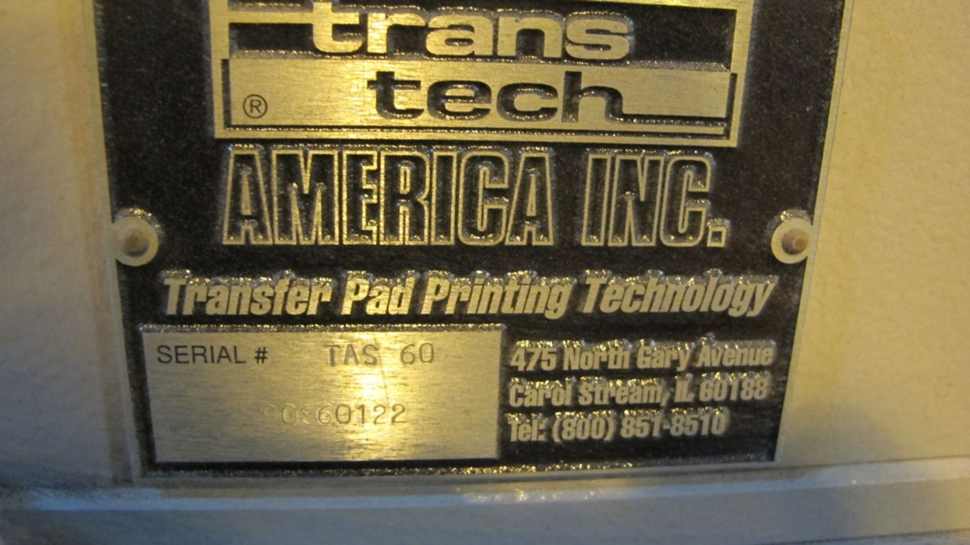 TRANSTECH SEALCUP 60 PAD PRINTING MACHINE, MODEL TAS 60 W/FOOT CONTROL, SUPPLIES, S/N90860122 - Image 3 of 3