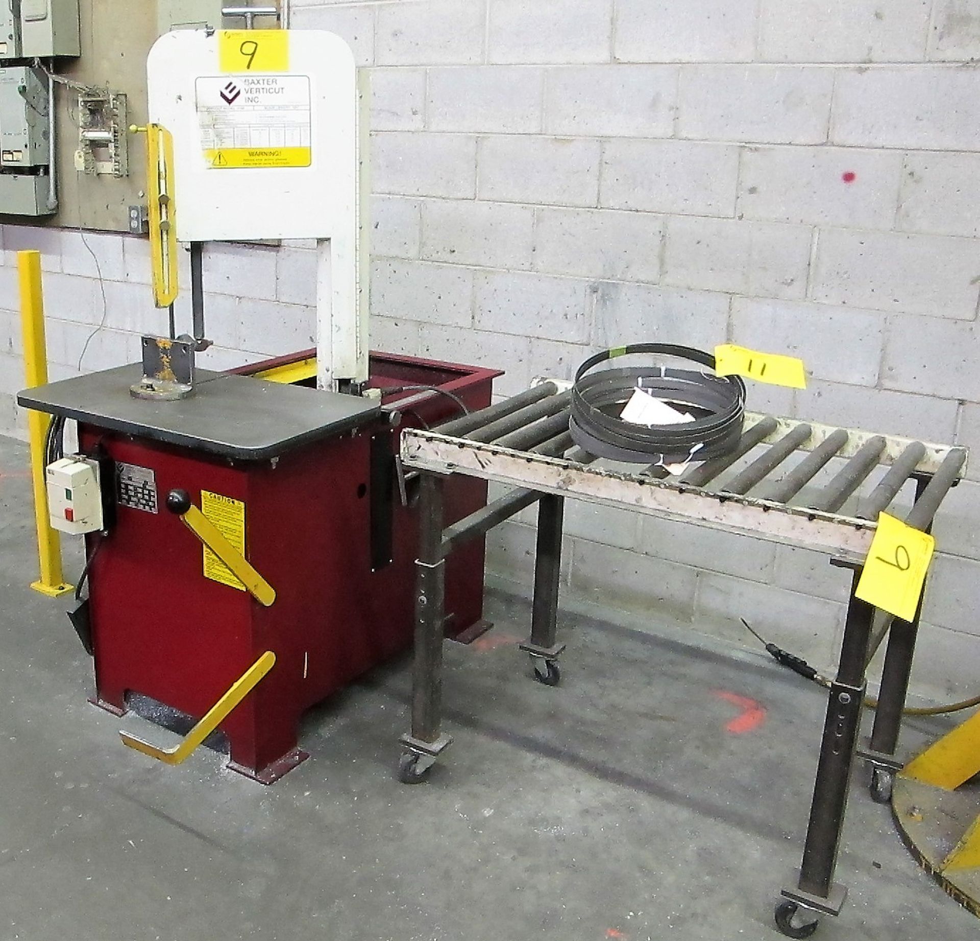 BAXTER VERTICUT 115B VERTICAL BAND SAW, 120" BLADE, S/N 5733 W/ROLLER CONVEYOR