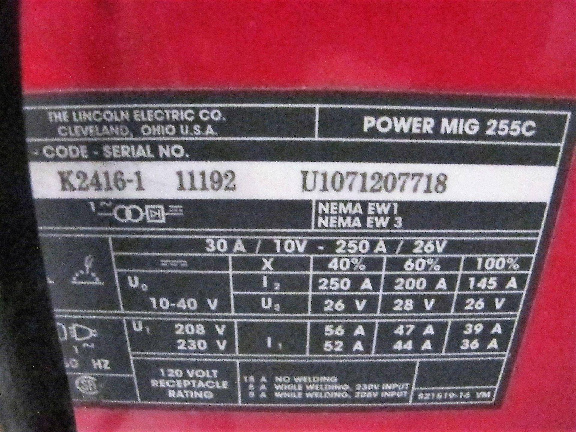 LINCOLN ELECTRIC POWER MIG 255C, S/N U1071207718, W/ REGULATOR, GUN, ETC. (NO ALUMINUM GUN) - Image 4 of 4